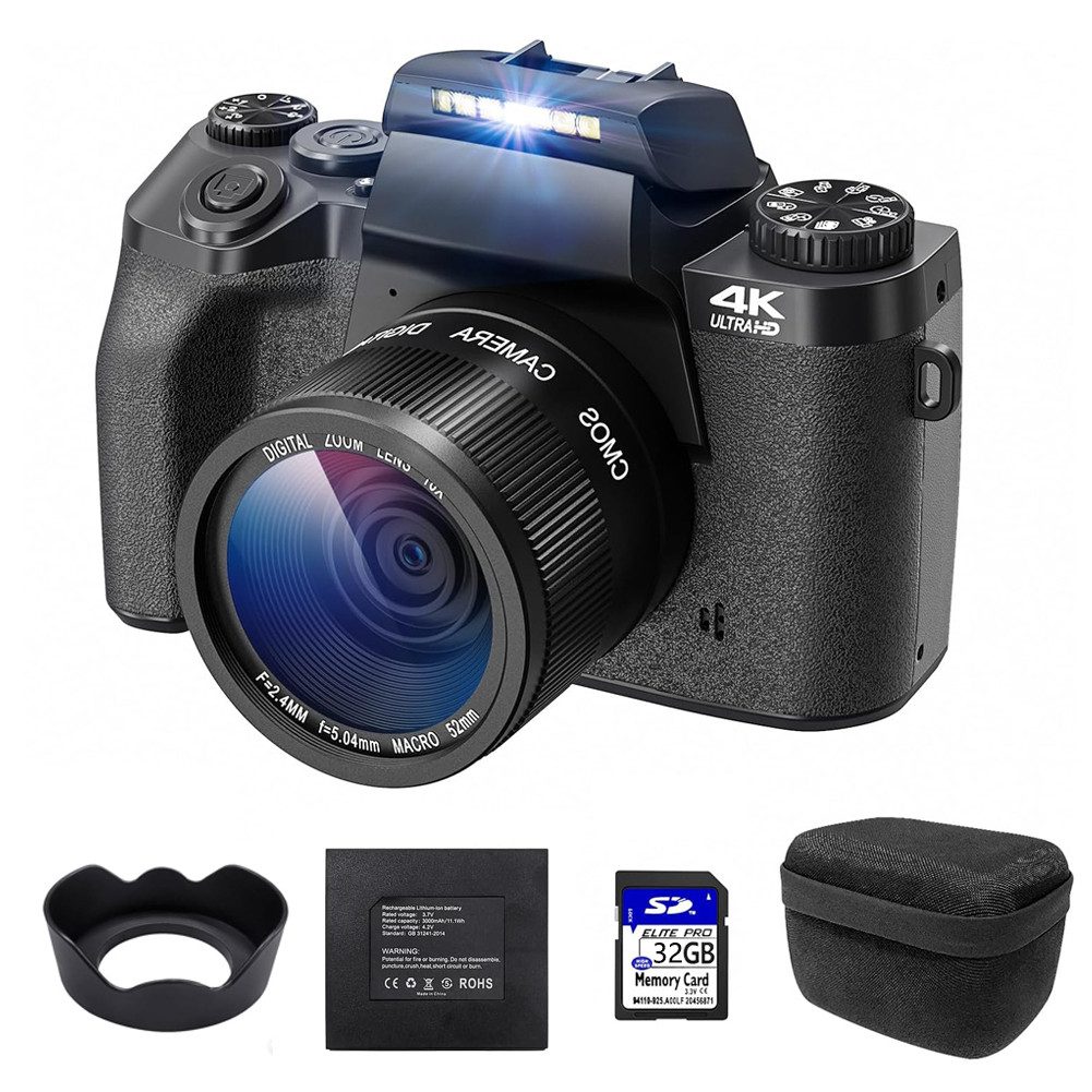 HT W5 Digitalkamera 4K mit Vorder- und Rückobjektiv Kompaktkamera (64 MP, WLAN (Wi-Fi), 4,0" Touchscreen Fotokamera mit Kameratasche für Anfänger)