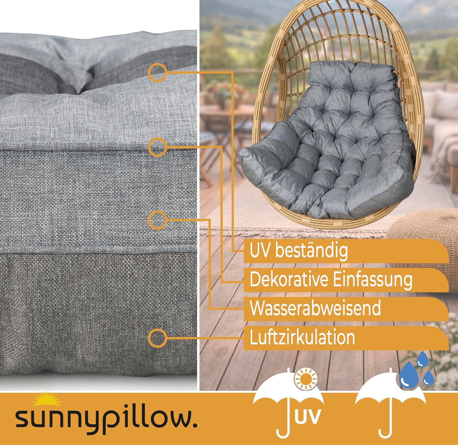 sunnypillow Polsterauflage Hängesessel Kissen - Auflage für Rattan & Polyrattan Hängeschaukel, Grau