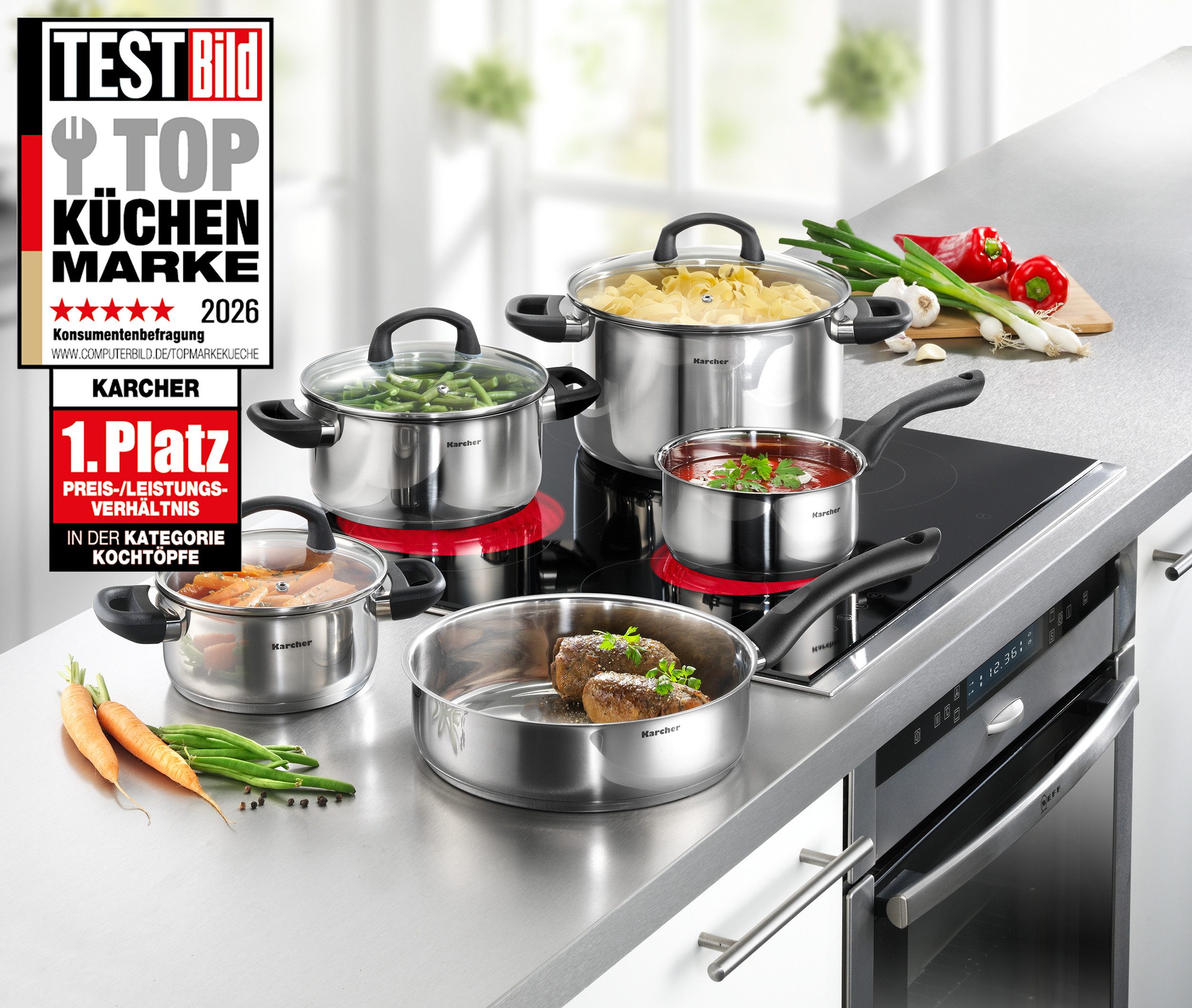 Karcher Topf-Set Mia, Edelstahl (5-tlg), inkl. 3 Glasdeckel, Kochtopfset Induktion