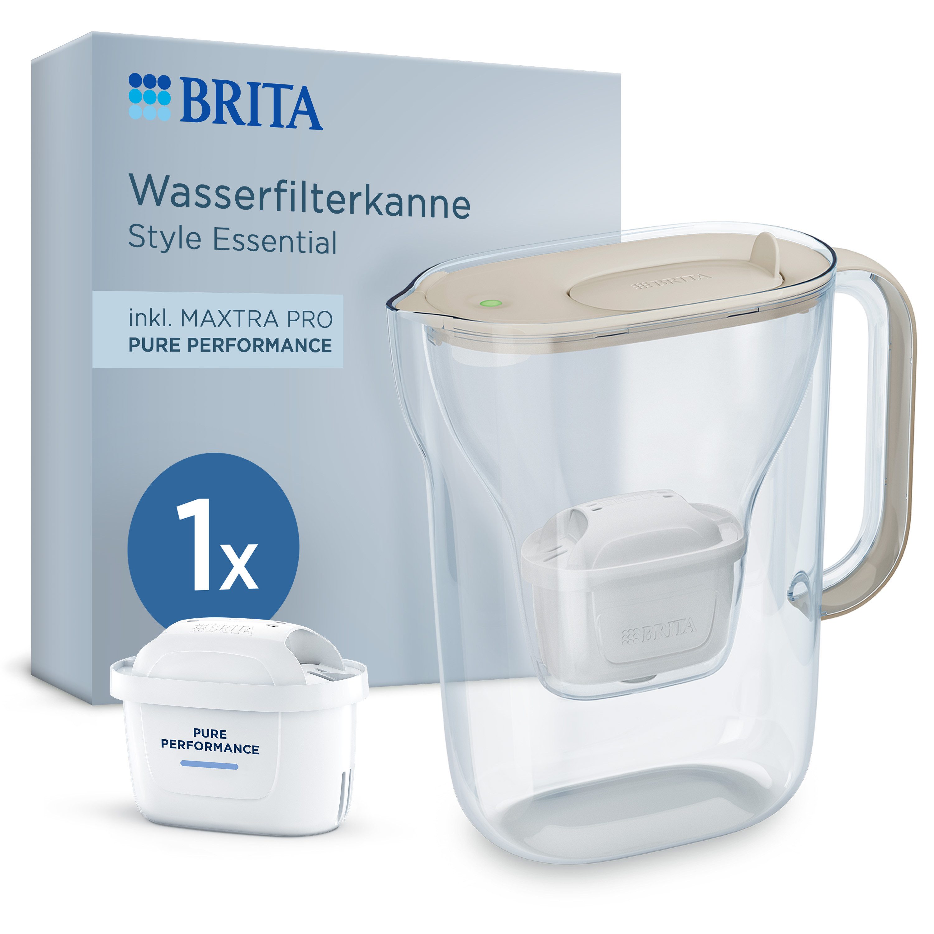 BRITA Wasserfilter Kanne Style Essential inkl. 1x BRITA MAXTRA PRO Pure Performance, Filterkanne mit Filterwechselanzeige, reduziert Verunreinigungen
