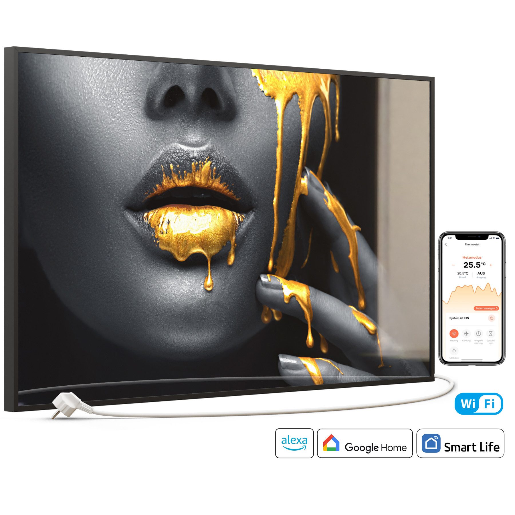 STEINFELD Heizsysteme Infrarotheizung Glas-Bild 600W, 100x60cm, Made in Germany, 7 Jahre Garantie, mit Thermostat, Schwarz