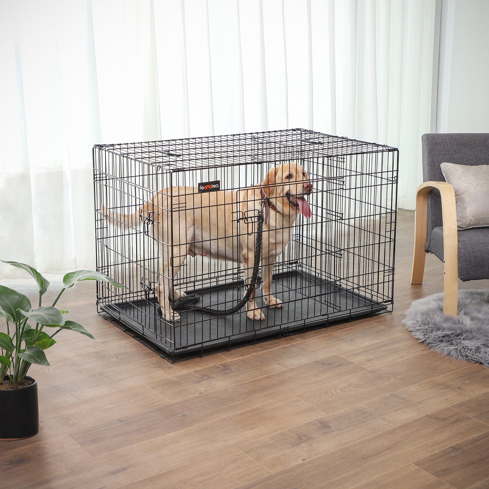 FEANDREA Tiertransportbox Hundekäfig, zusammenklappbar, transportabel, Hundebox 2 Türen, 122 x 74,5 x 80,5 cm