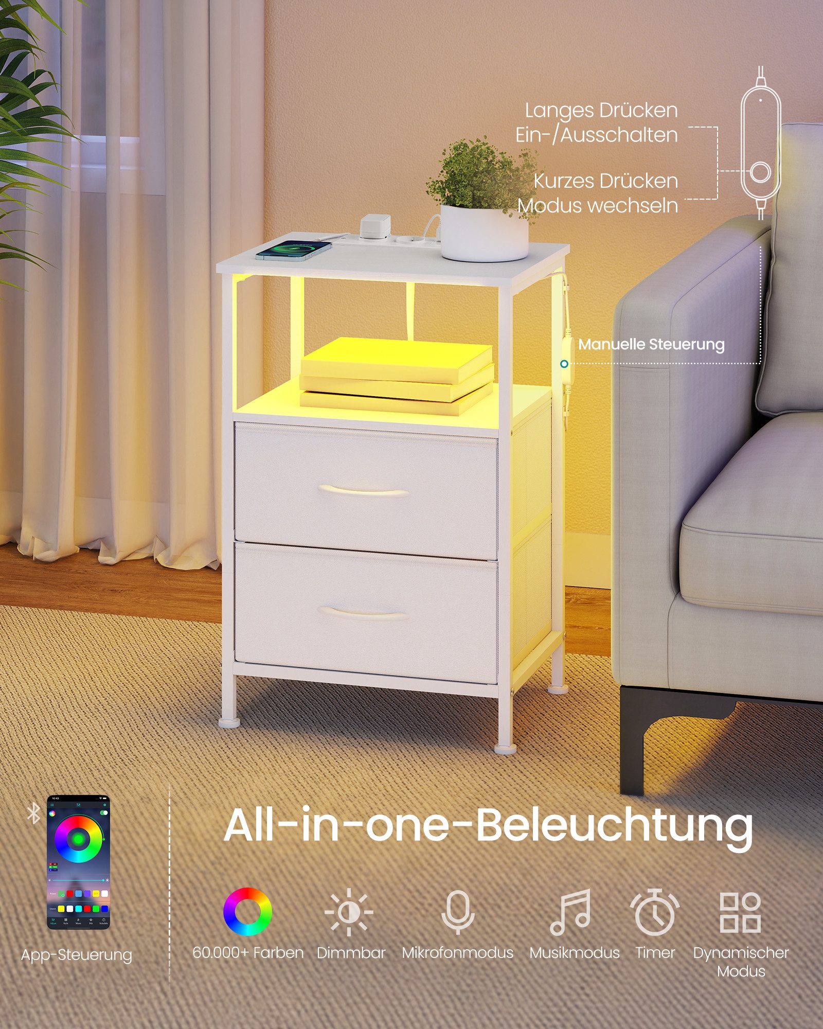 SONGMICS Nachttisch Beistelltisch 1/2er Set Nachtschrank mit LED und Ladefunktion, 39,6 x 30 x 60,4 cm, mit Steckdose – Bild 4 von 5