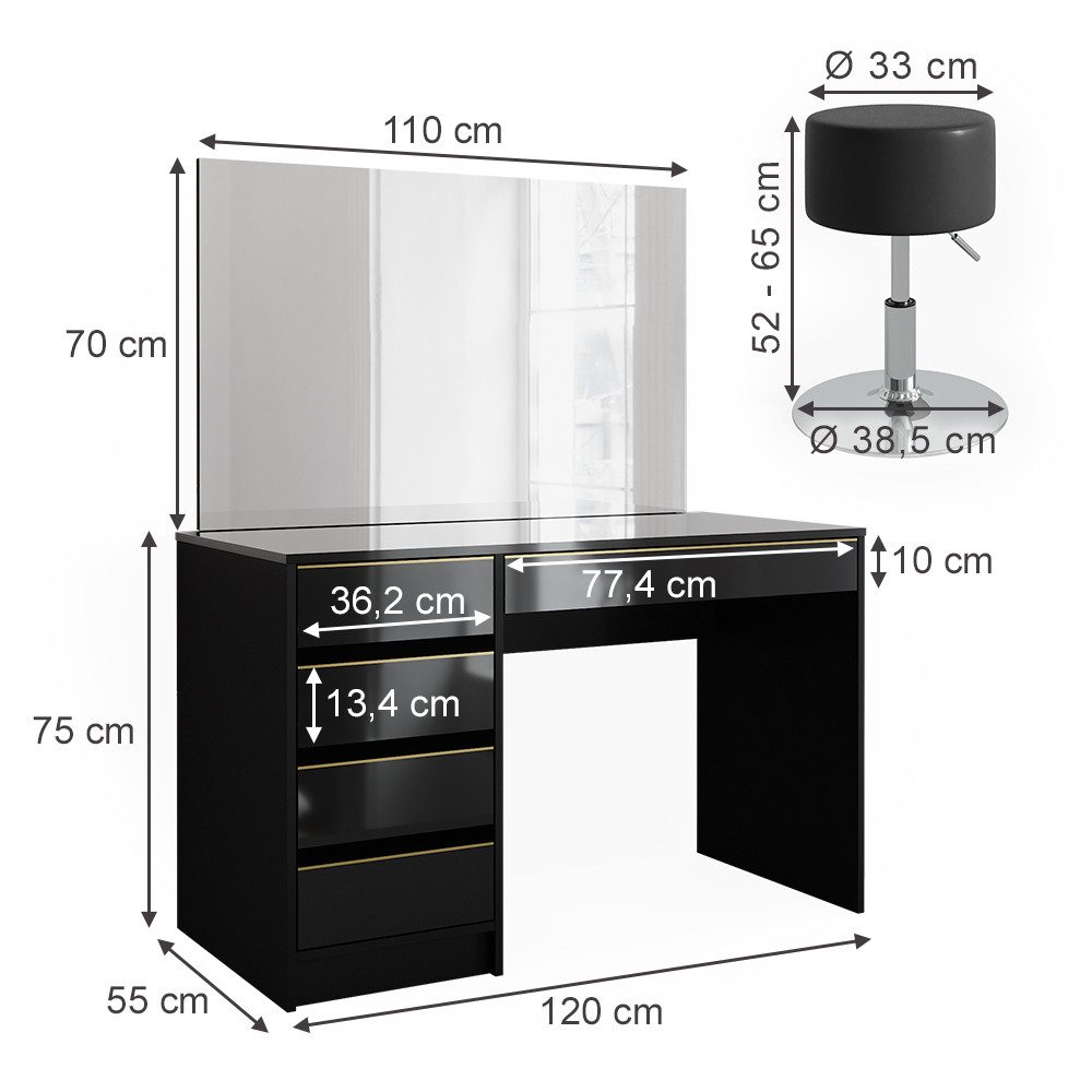 Vicco Schminktisch Sherry, Schwarz, 120 cm mit LED-Spiegel und Hocker (3-St)