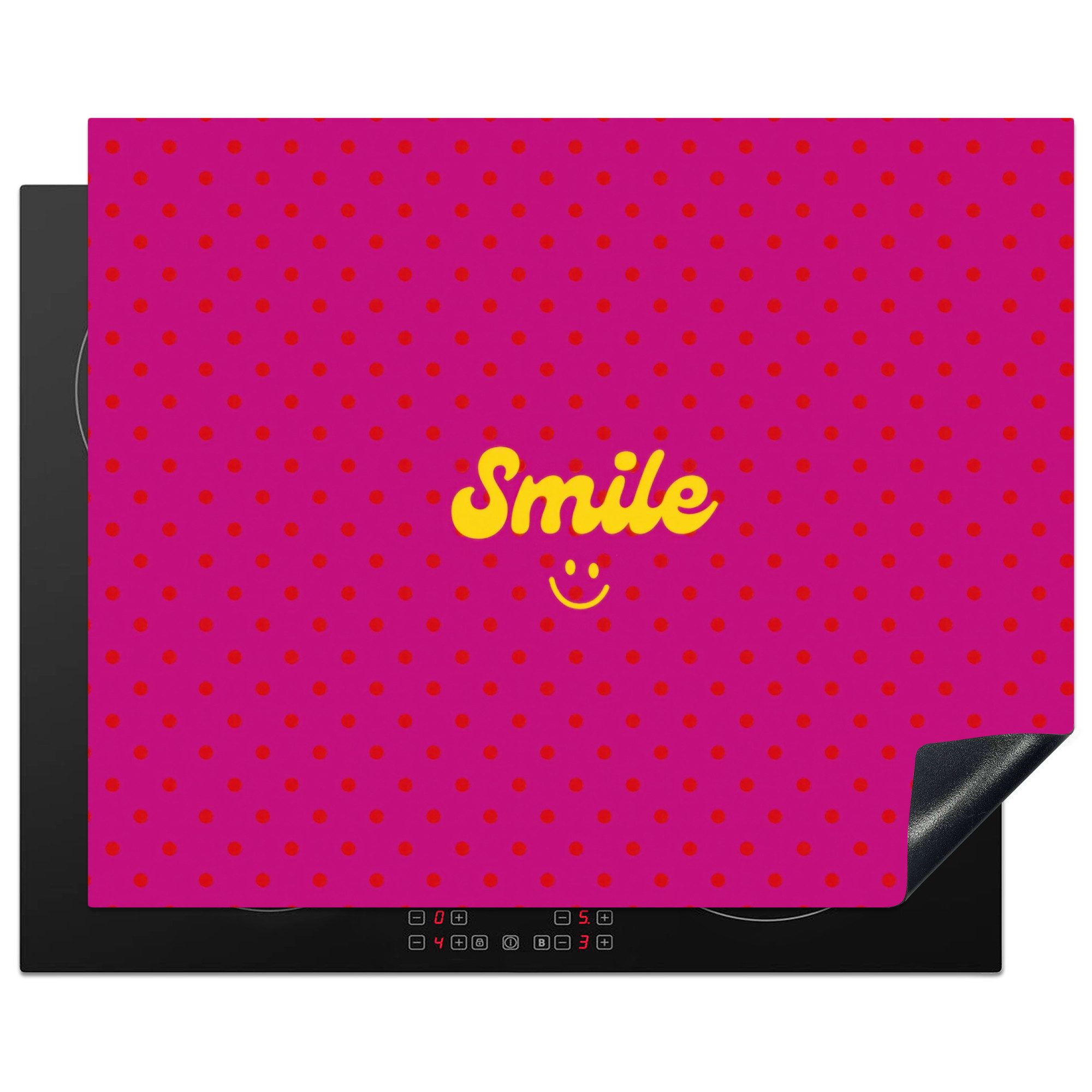 MuchoWow Herd-Abdeckplatte Lächeln - Punkte - Gelb - Smiley - Rosa, Vinyl, (1 tlg), Herdabdeckplatten für Ceranfeld, Induktionsschutz, 65x55 cm