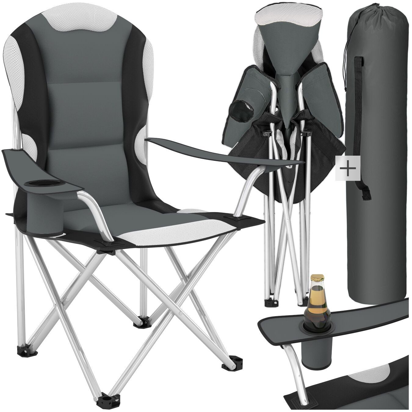 tectake Campingstuhl Gartenstuhl faltbar mit Polsterung, 60 x 88 x 110 cm (Outdoor Klapptstuhl für Außen in Grau, 1 St), gepolstert, mit Getränkehalter, geringes Gewicht, inkl. Tragetasche