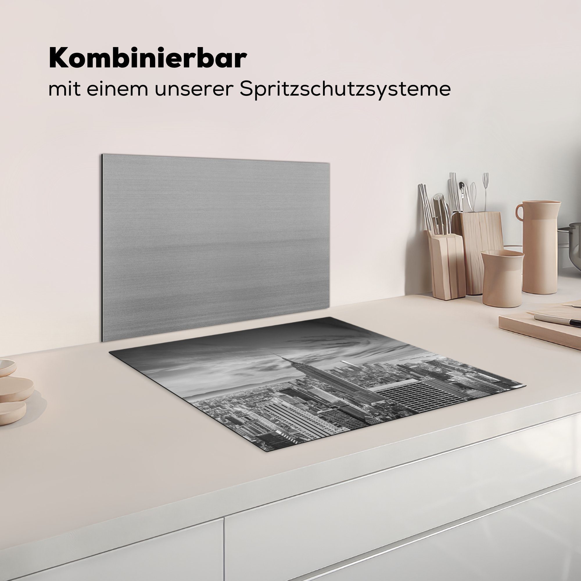 MuchoWow Herdblende-/Abdeckplatte New - - Induktionsmatte - die (1 für Schwarz Vinyl, küche, Berg Manhattan - cm, Weiß, 59x52 tlg), York Ceranfeldabdeckung