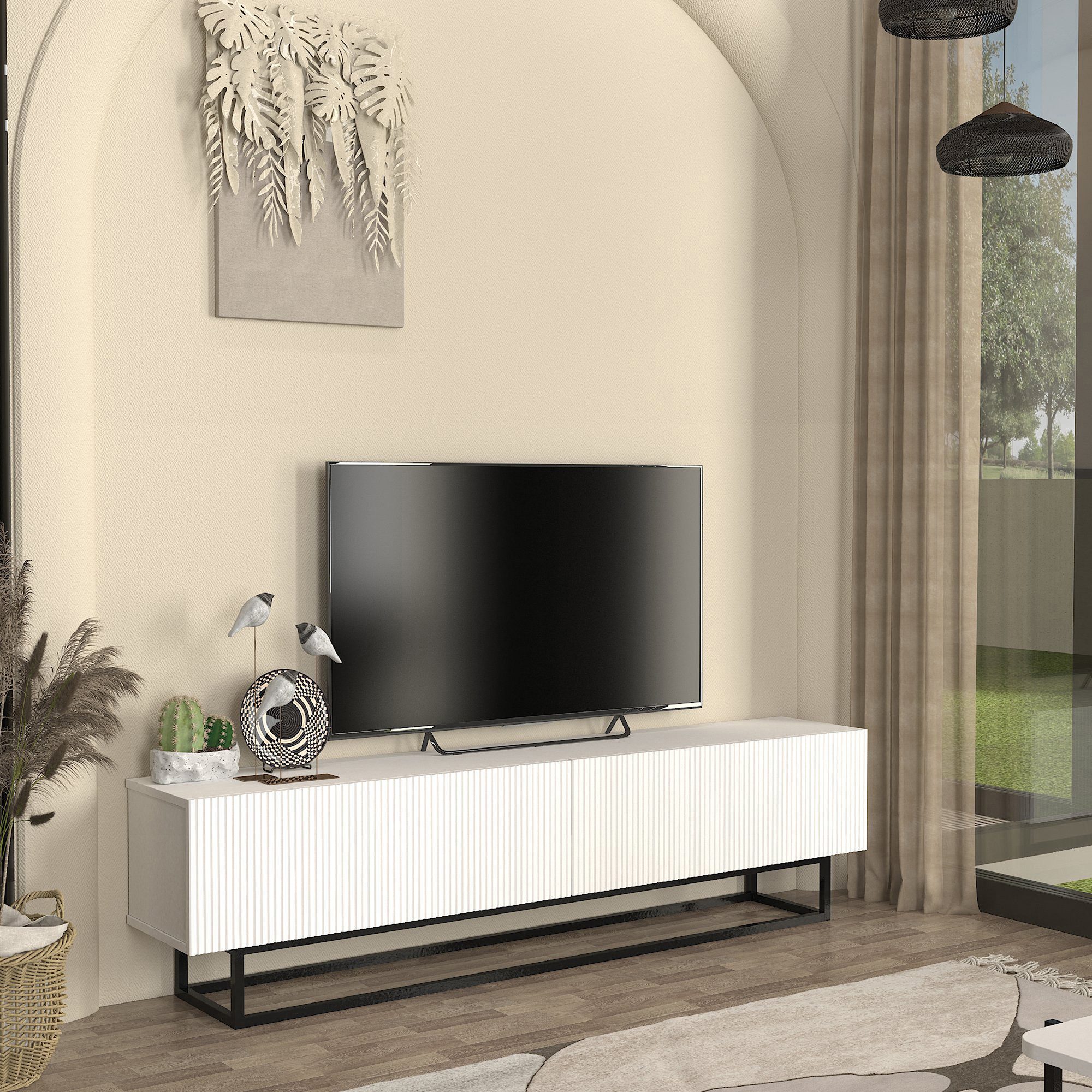 en.casa TV-Schrank »Verpsboga« kurzes Gestell 180 x 32 x 47 cm Weiß