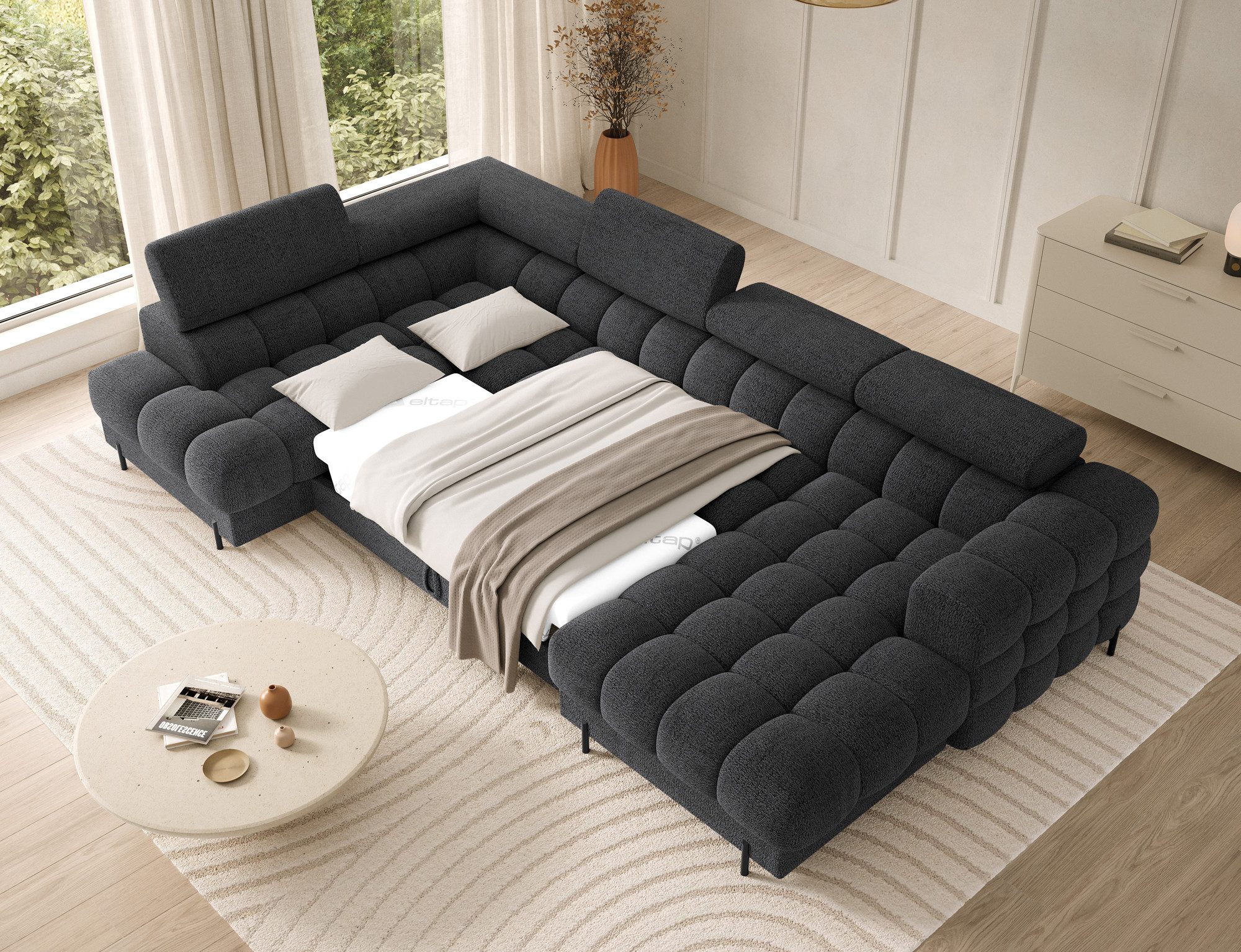 Lukas Möbel Wohnlandschaft Deisgner XXL-Sofa in U-Form Falco mit Schlaffunktion Bettkasten, mit Schlaffunktion, Bettkasten, verstellbaren Kopfsützen