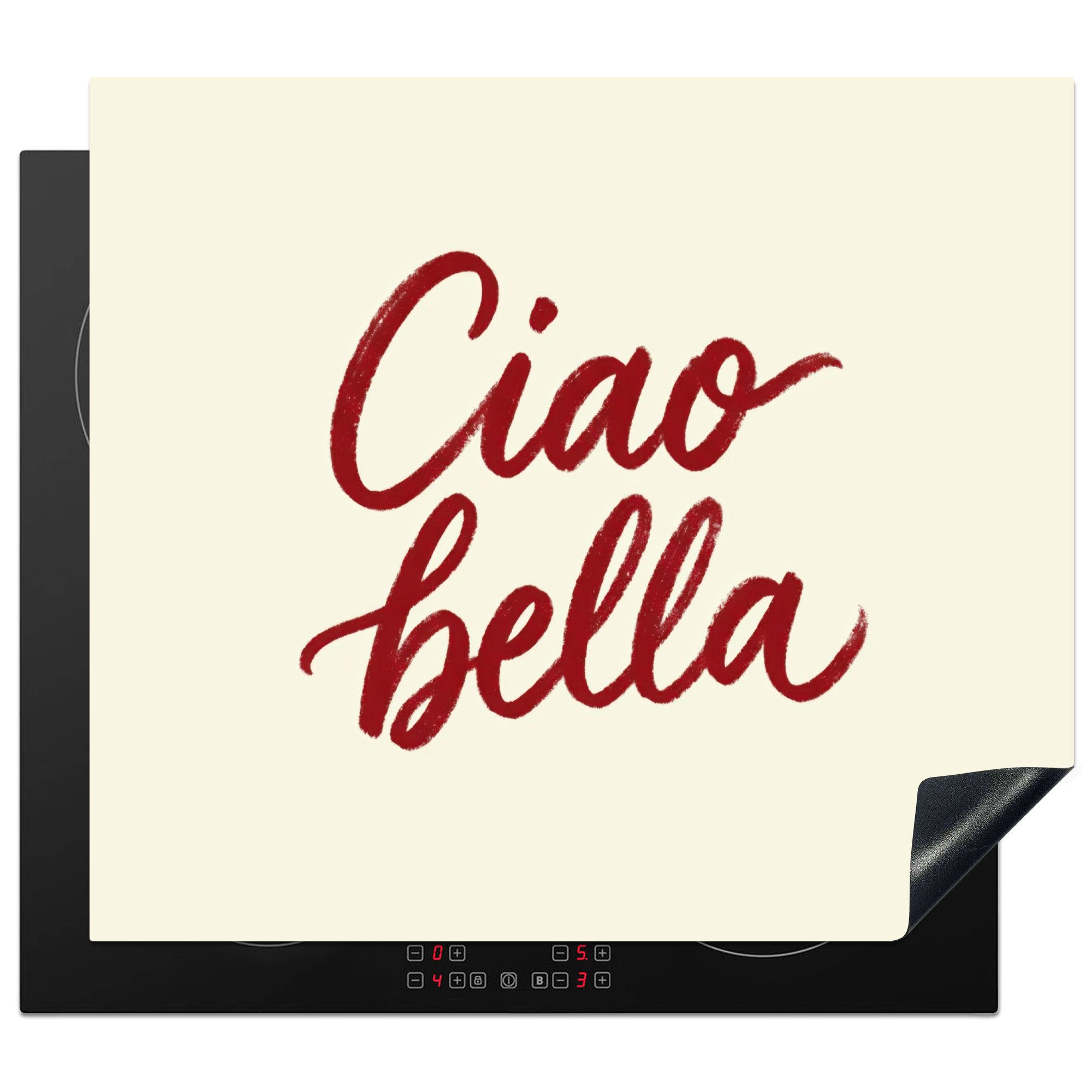 MuchoWow Herd-Abdeckplatte Ciao bella - Rot - Weiß - Minimalistisch, Vinyl, (1 tlg), Küche Herdabdeckplatte Ceranfeld Vinyl Einteilig, 59x52 cm