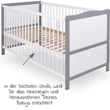 jonka Babybett Moritz - Weiß Grau, Kinderbett 70 x 140 cm - umbaubar zu Juniorbett mit Schlupfsprossen