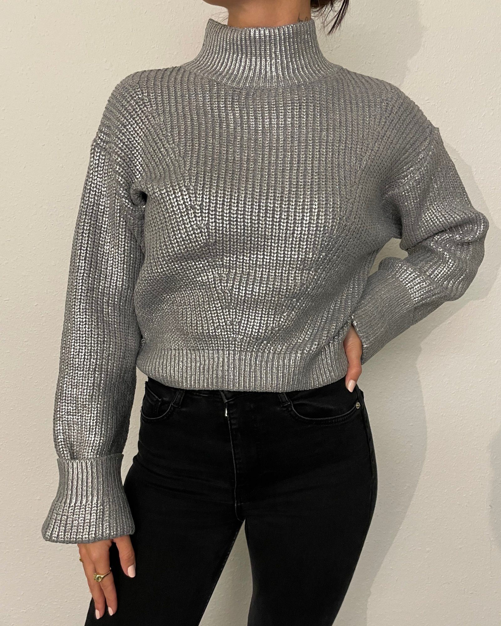 ITALY Strickpullover XS cropped passt - hier metallic SIZE - - M - NOEMI Gr. VIBES - langarm Pullover ONE