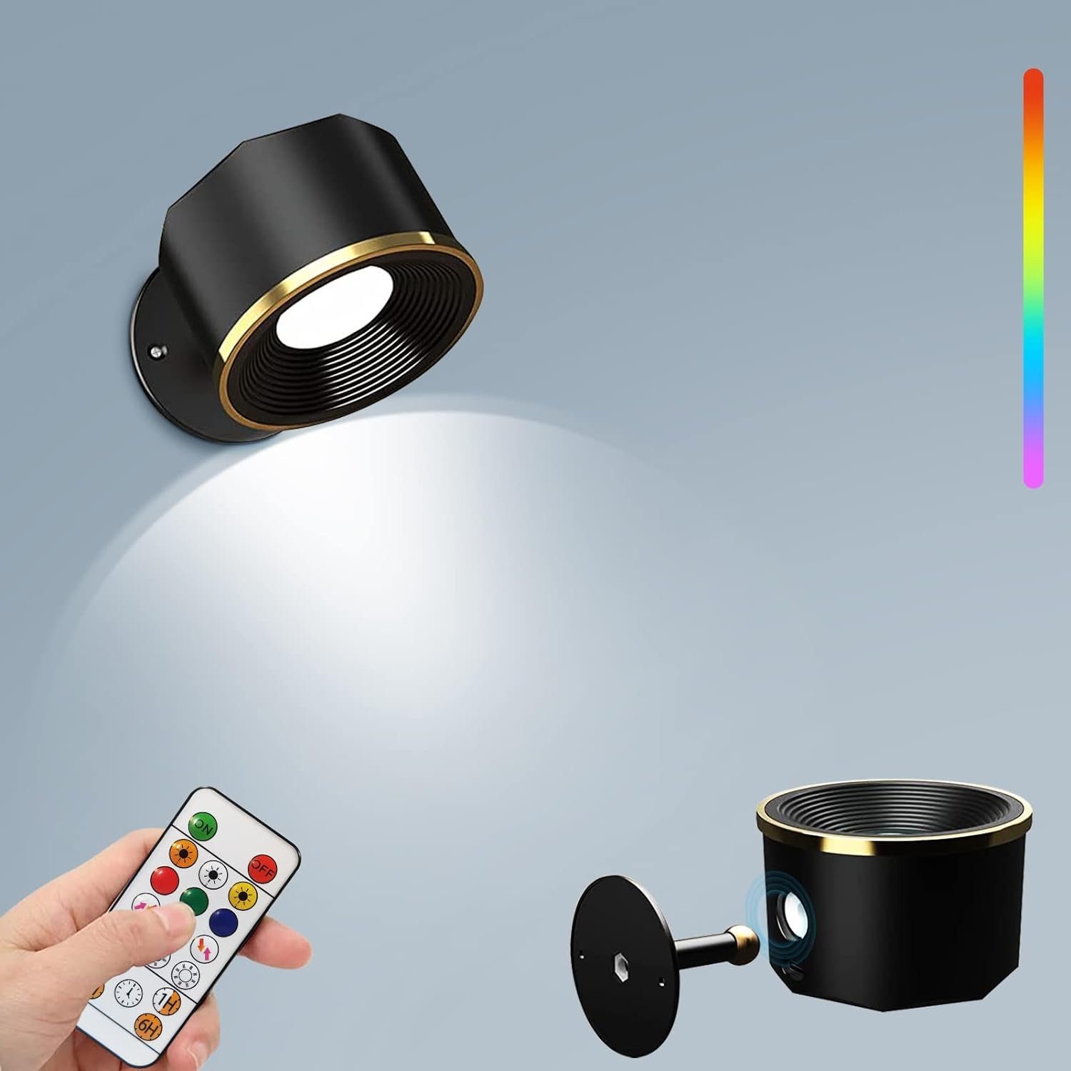 AKKEE LED Wandleuchte LED RGB-Leuchten Innen für Schwarz Dimmbar, Wandleuchte 360° Batteriebetrieben Warmweiß, Touch-Steuerung,Timing-Funktion, Schlafzimmer, integriert, LED Kabellose Wandleuchten fest drehbare Kabellose