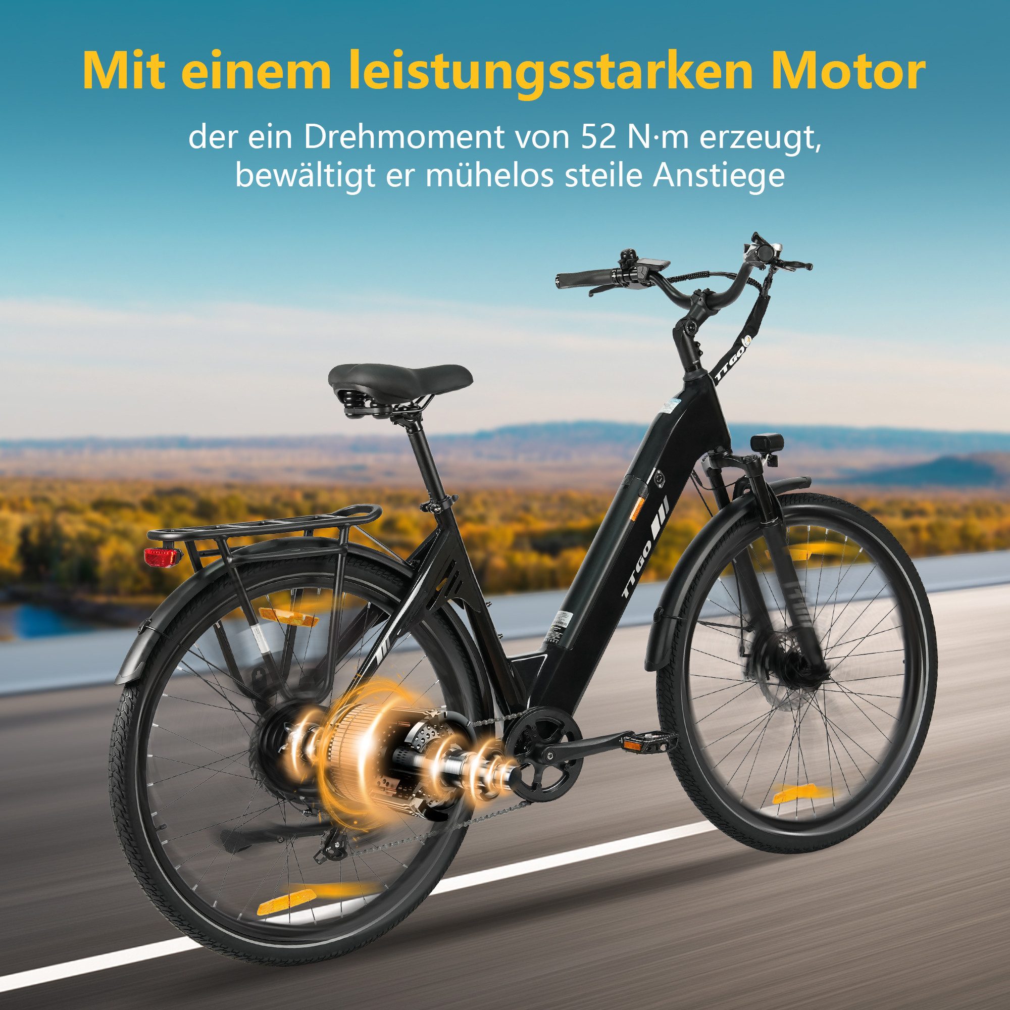 TTGO E-Bike Cityrad 28 x 2,0 Zoll, 120km, C3 SE, Elektrofahrrad mit Tiefeinsteiger-Rahmen, 7 Gang SHIMANO, Kettenschaltung, Heckmotor, 648 Wh, 5 Stufen, Leicht nur 25kg, Pedelec bis zu 120kg, Aluminiumrahmen