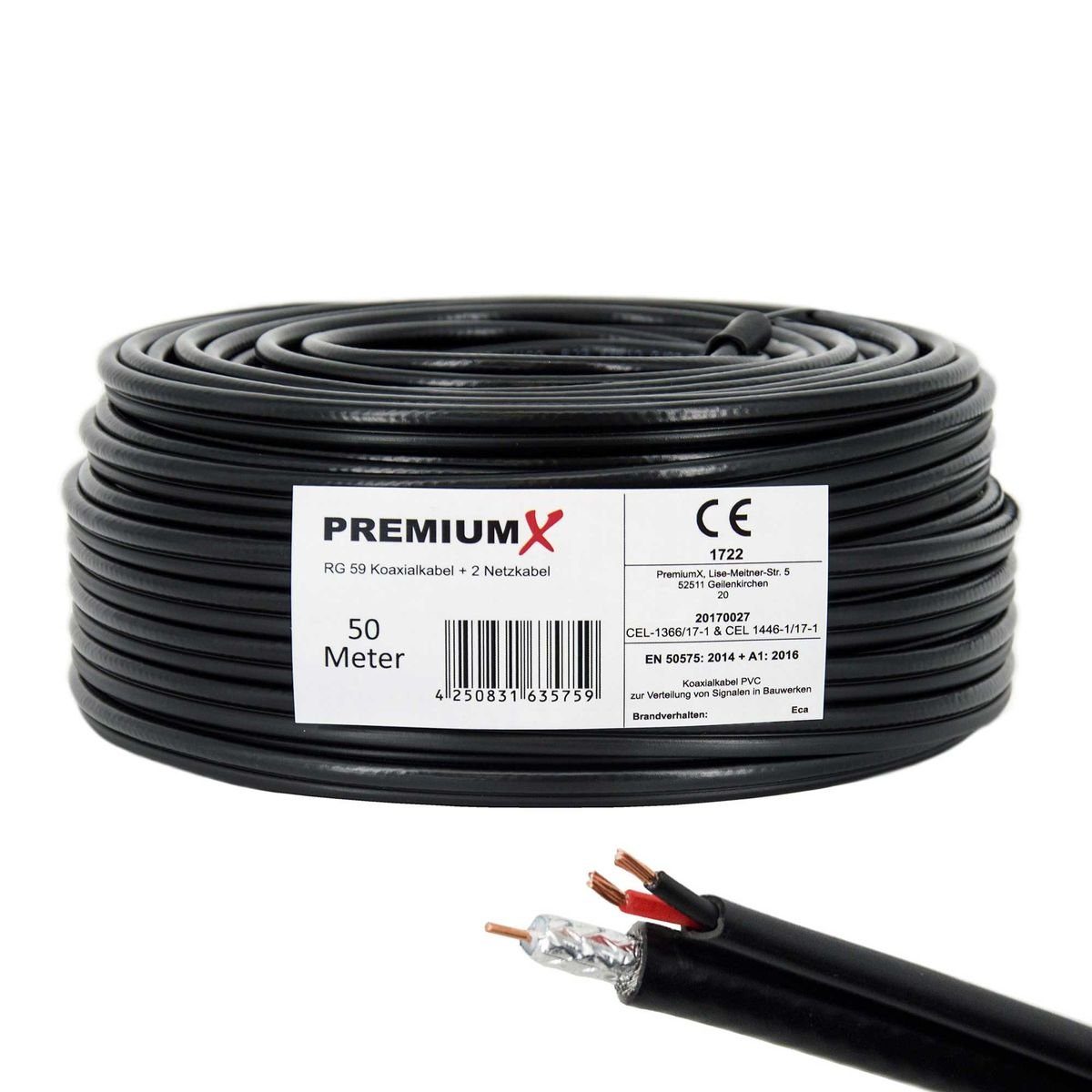 PremiumX »50m RG59 Koaxialkabel + 2 Netzkabel Eca Videobild und  Stromversorgung Kombi Koaxkabel/Strom Video-Kabel für Videoüberwachung  Überwachungskamera« Installationskabel online kaufen | OTTO
