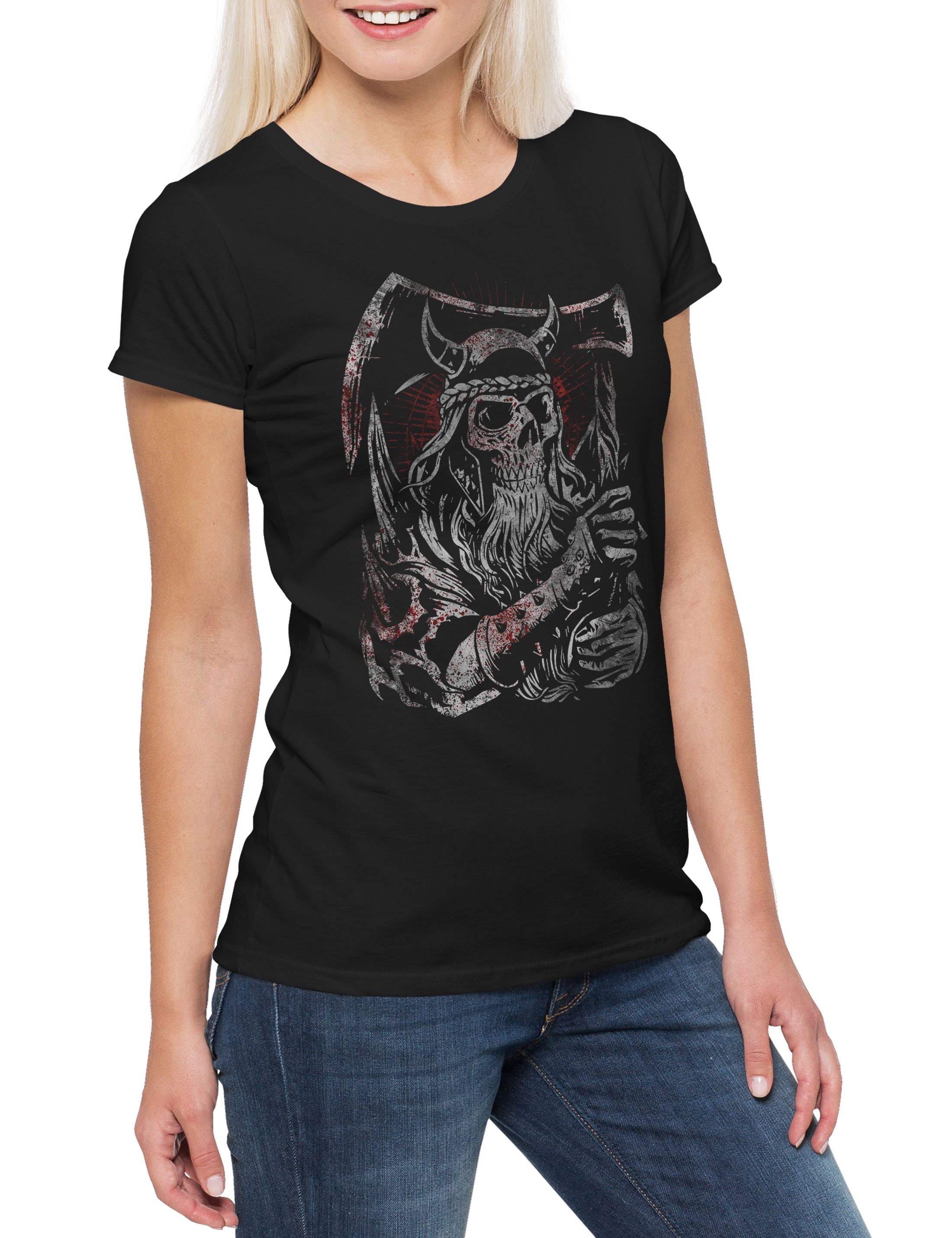 Print-Shirt Viking Skull III Damen T-Shirt Wikinger Totenschädel Runen Vikings