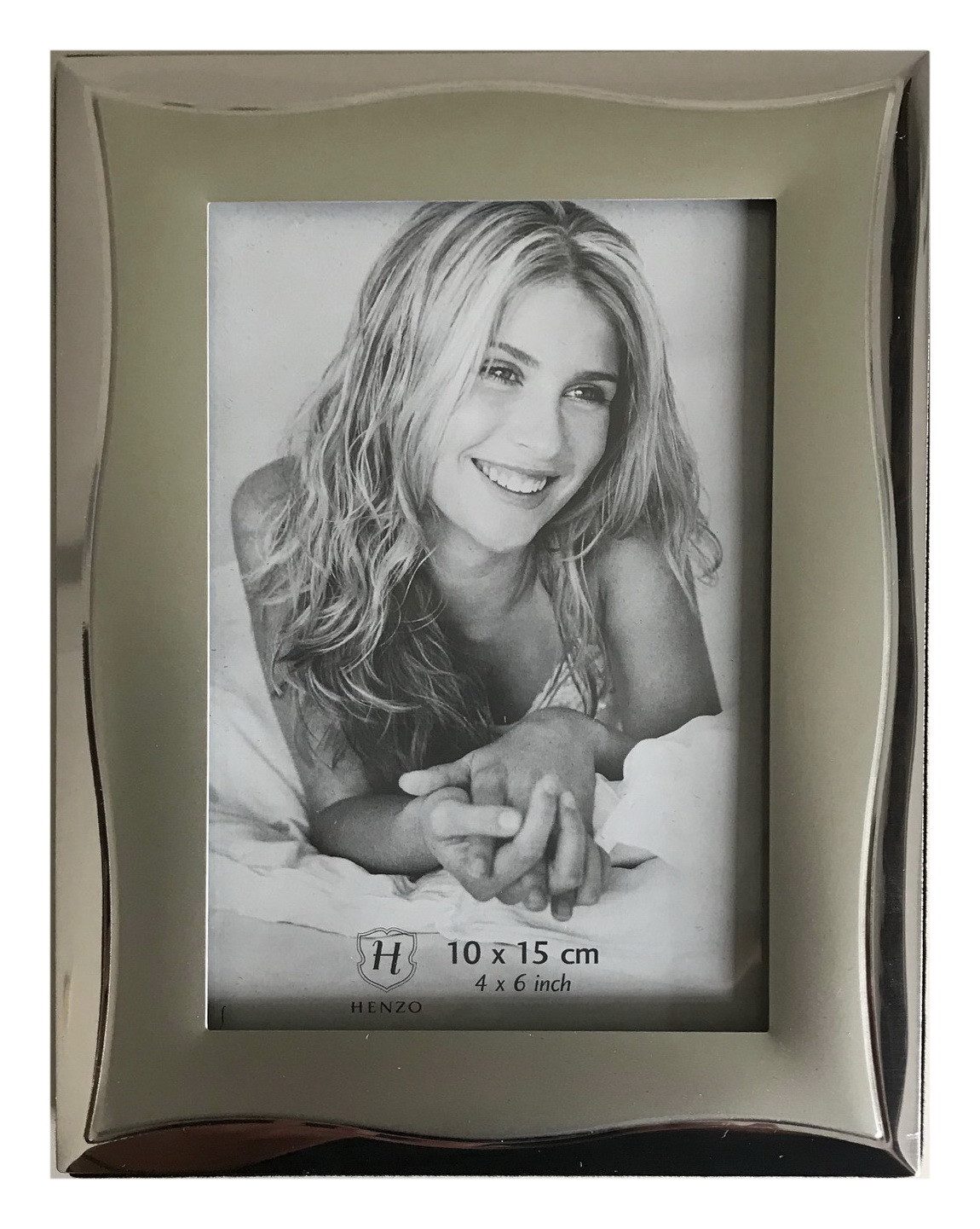 Henzo Portraitrahmen 10x15 matt silberner Fotorahmen mit glänzender Verzierung, Rahmen Nr. 1 mit Echtglasscheibe und stabilem Aufsteller