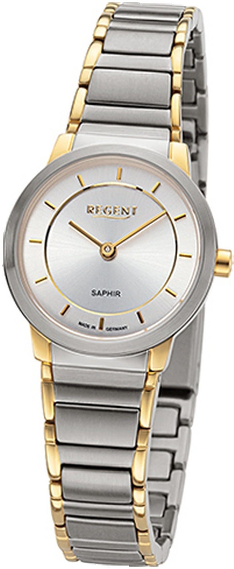 Damenuhr Quarzuhr Analog, Regent rundes Damen Gehäuse, (26,5mm) silber gold, Metallbandarmband Armbanduhr Regent klein