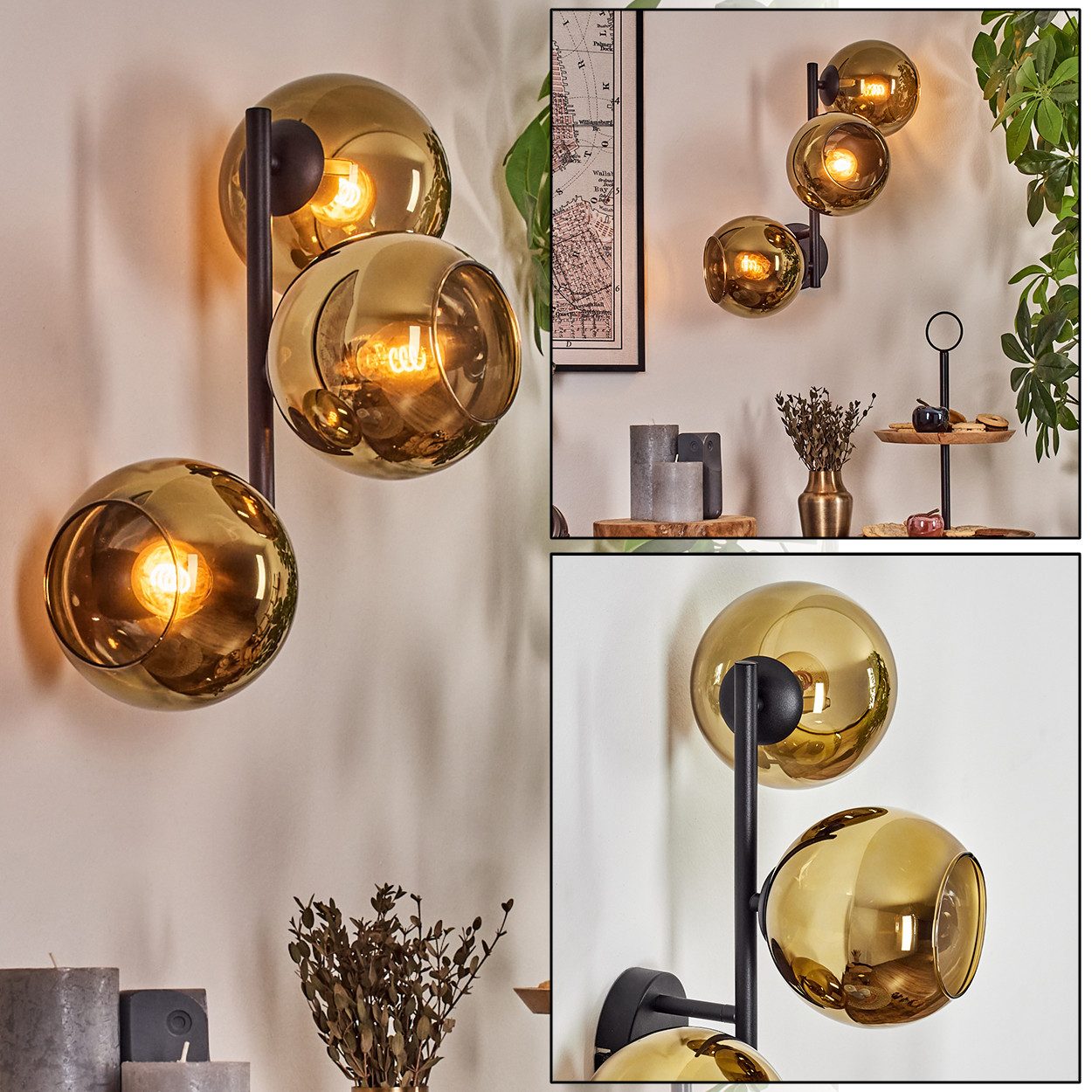 hofstein Wandleuchte Wandlampe aus Metall/Glas in Schwarz/Goldfarben, ohne Leuchtmittel, moderne Wandleuchte im Retro/Vintage-Design (Schirme 15 cm), E14
