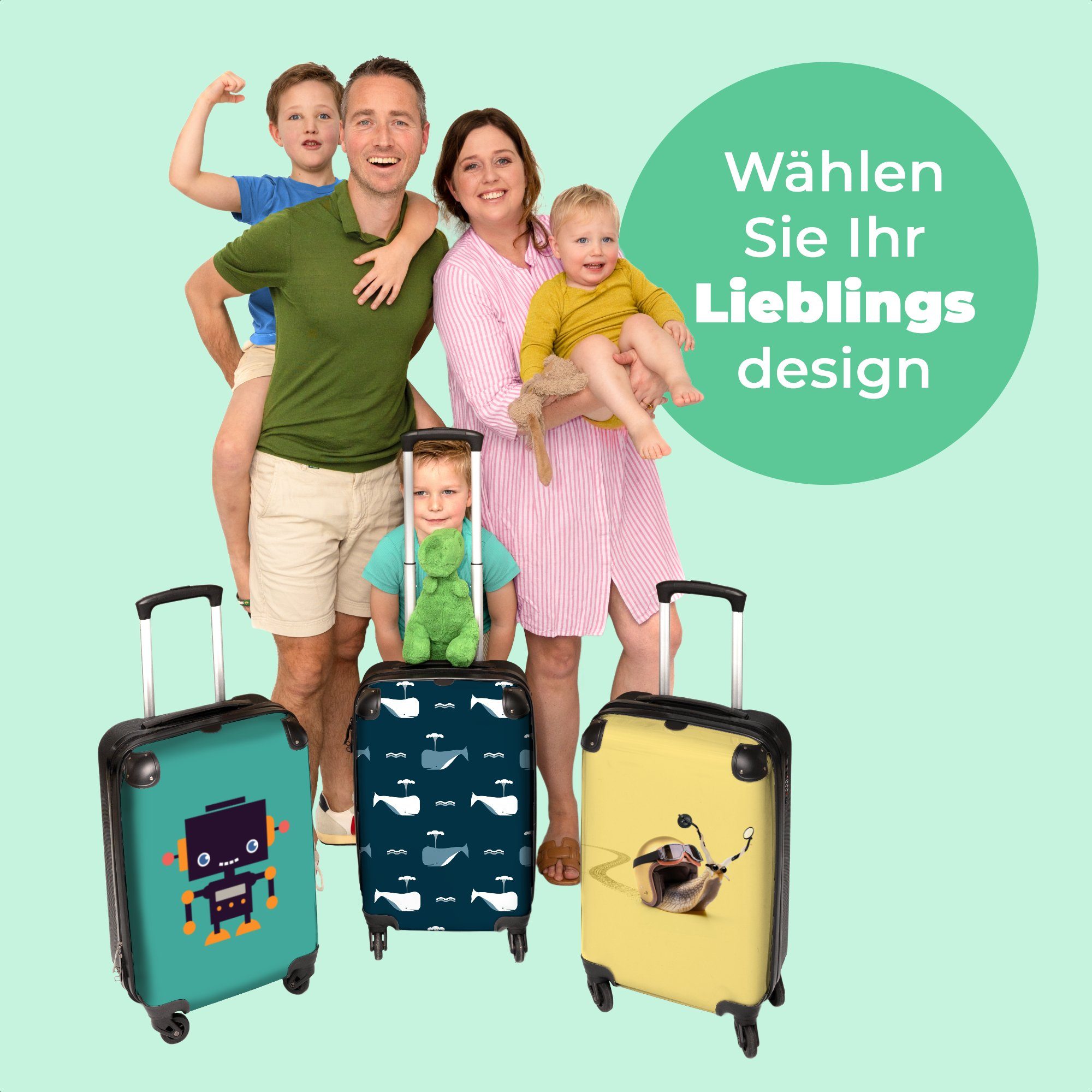 NoBoringSuitcases.com© Kinderkoffer 55x35x20cm - Meerestiere - Kindertrolley, Rollen, Blau Wale Muster, - rollen, Koffer Ferien, mit 4 Reisetasche Handgepäck für