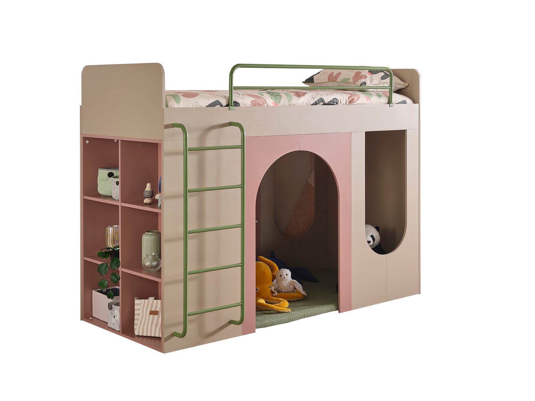 Möbel-Zeit Hochbett NORDIC Halbhochbett – integrierte Spielhöhle & Regalsystem 100x200 cm