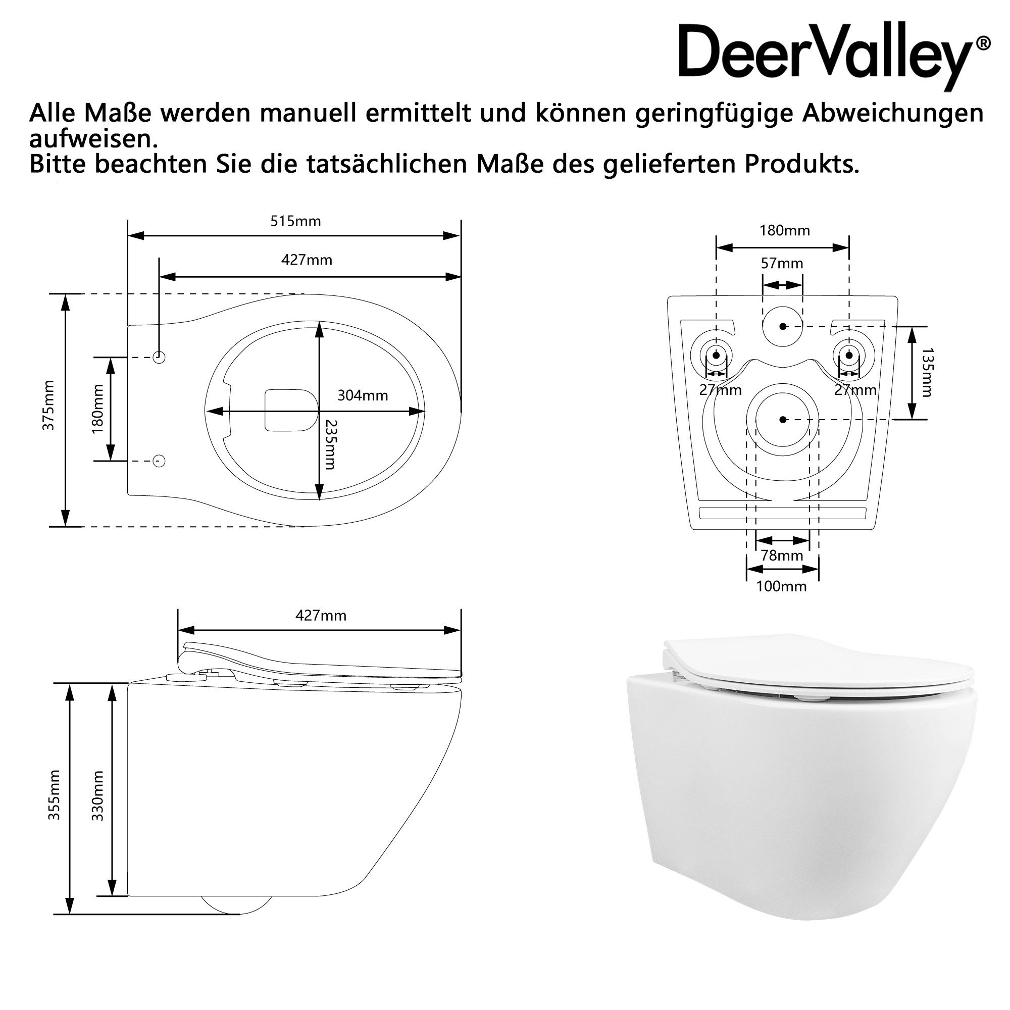 DeerValley Tiefspül-WC DeerValley Hänge WC Spülrandlos, Hänge, Packung, Wassertank nicht enthalten