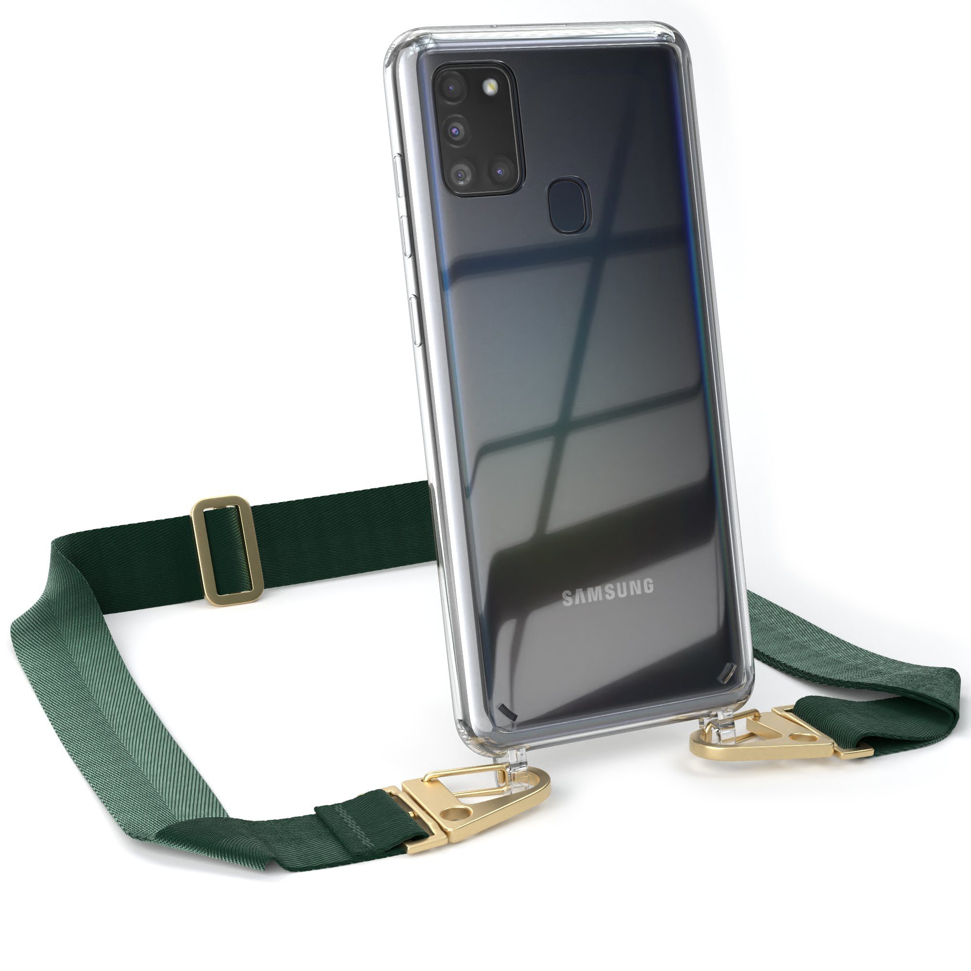 EAZY CASE Handykette Silikon Kette Karabiner für Samsung Galaxy A21s 6,5 Zoll, Handytasche durchsichtige Silikon Hülle mit breitem Umhängeband Grün