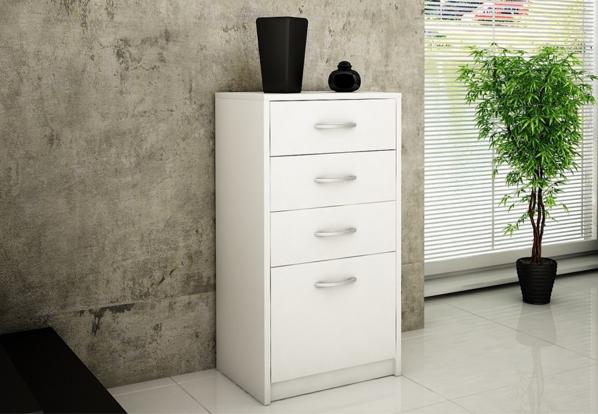 Home Collective Kommode mit 4 Schubladen mit matter Oberfläche, Kommode 45cm breit Holz (Schlafzimmer Wohnzimmer Flur Büro Organizer, Metallrollen mit Auszugsstopp), Schrank Kommode mit Schubladen Sideboard Highboard Weiß