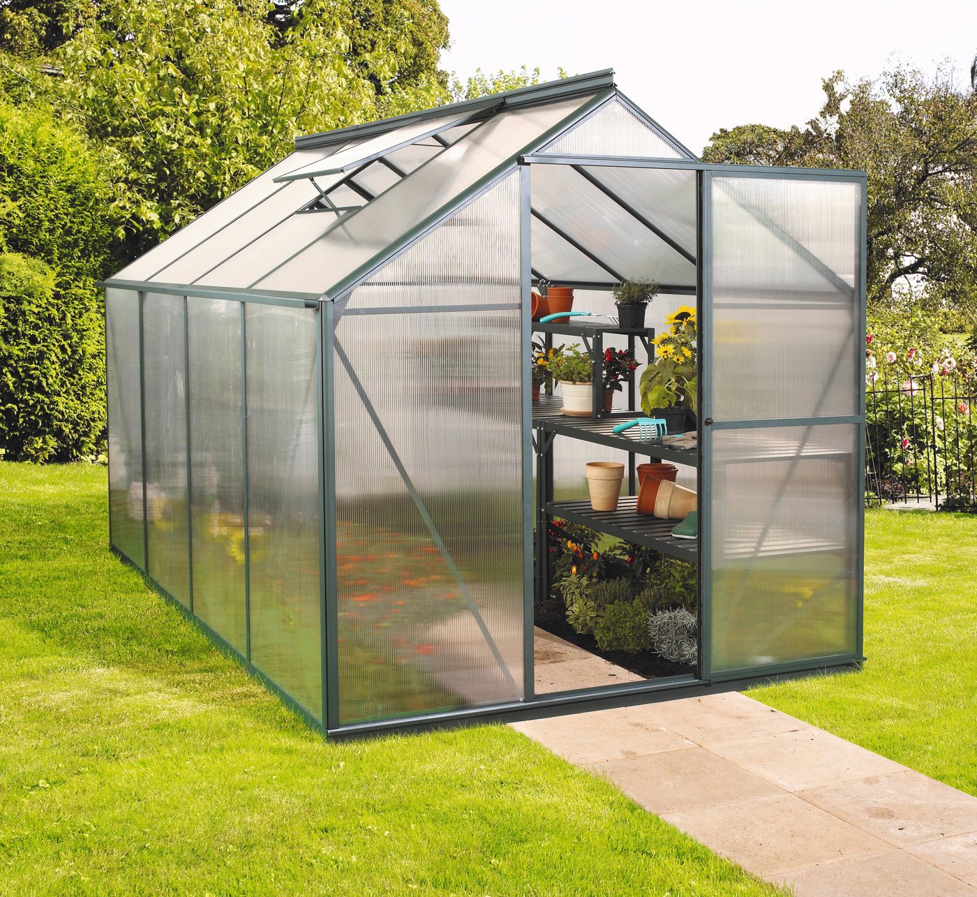 Vitavia Gewächshaus EOS 6000, BxTxH: 198 x 304 x 196 cm, 4 mm Wandstärke, Set, mit Fundamentrahmen grün Vitavia Gewächshaus EOS 6000, BxTxH: 198 x 304 x 196 cm, 4 mm Wandstärke, Set, mit Fundamentrahmen grün