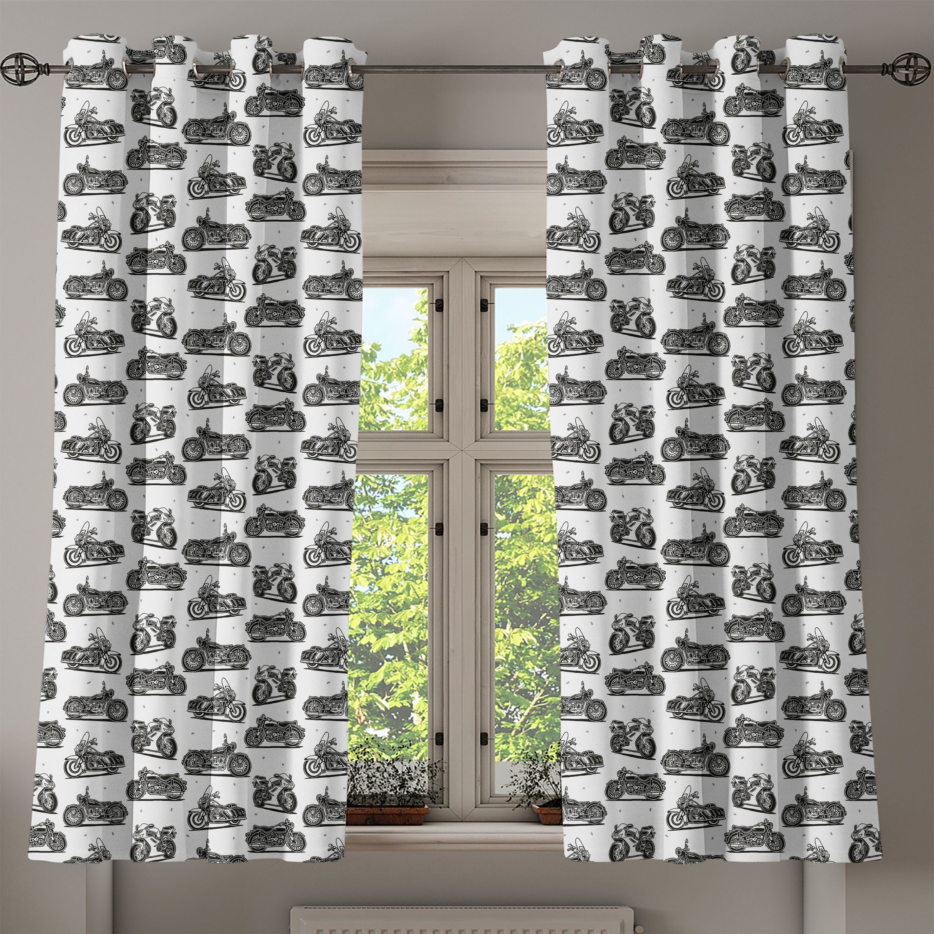Gardine Dekorative 2-Panel-Fenstervorhänge für Schlafzimmer Motorrad Wohnzimmer, Zeichnungen Retro-Stil Abakuhaus