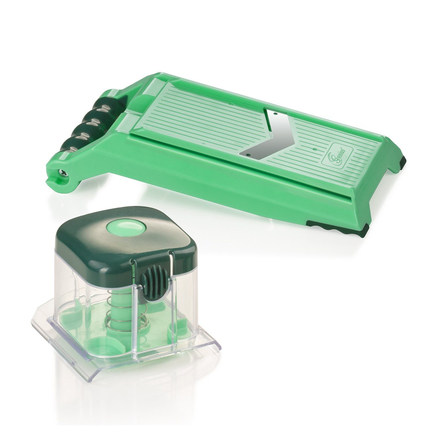 Genius Gemüsehobel Nicer Dicer Chef Speed Slicer verstellbarer Hobel inkl. Handy Hopper, (Zubehör, 2-tlg), ultra-scharfe Edelstahl-V-Klinge in G-NOX-Qualität