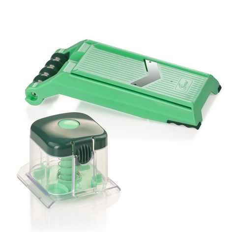 Genius Gemüsehobel Nicer Dicer Chef Speed Slicer verstellbarer Hobel inkl. Handy Hopper, (Zubehör, 2-tlg), ultra-scharfe Edelstahl-V-Klinge in G-NOX-Qualität