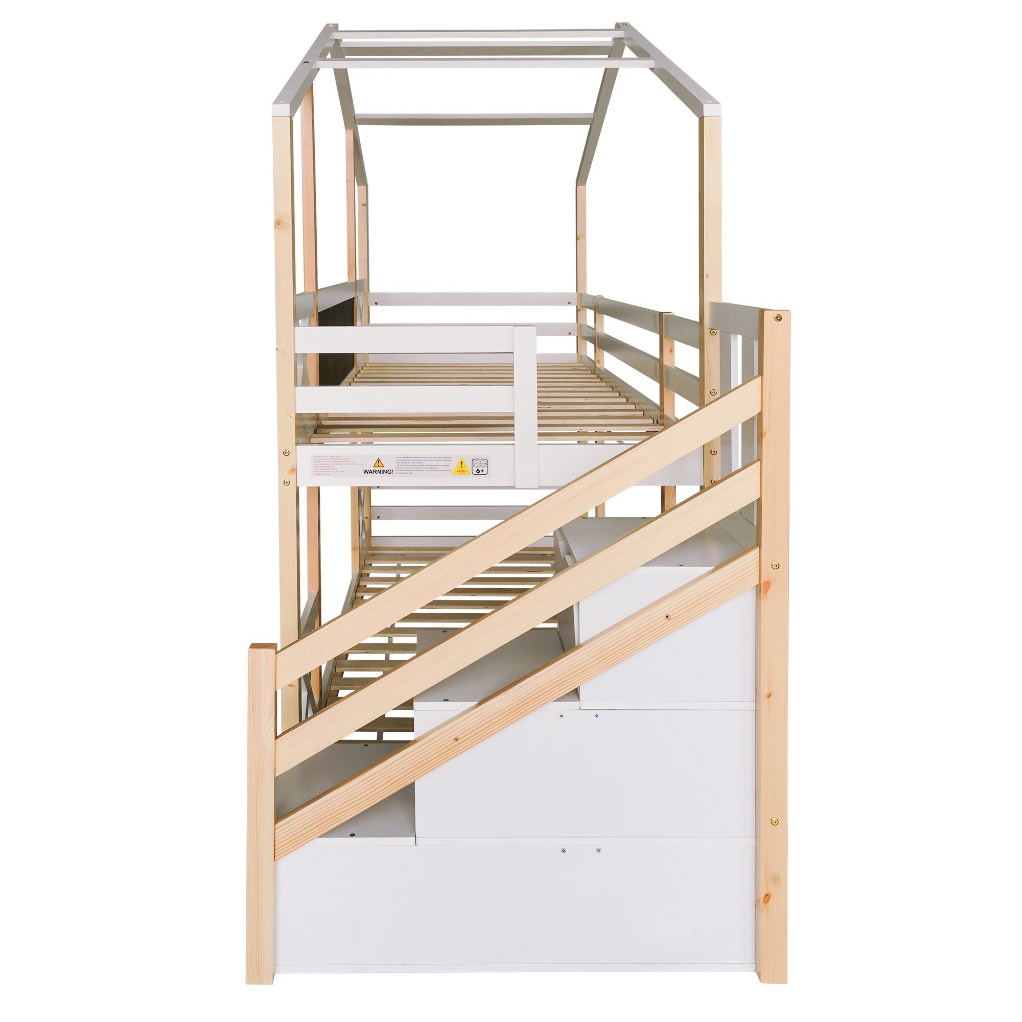 Etagenbett (Kinderbett), Hochbett mit Rausfallschutz, 3 Schubladen und Lattenrost, 90x200cm