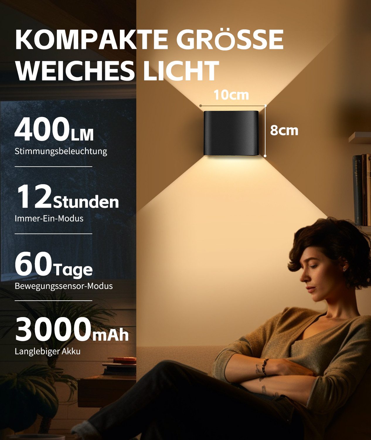 GeyouLux Wandleuchte mit 3000mAh Akku & Bewegungsmelder, 5W 3 Modi 3000K, LED fest integriert, Warmlicht, 2 Stück Aufladbare Wandleuchte Innen