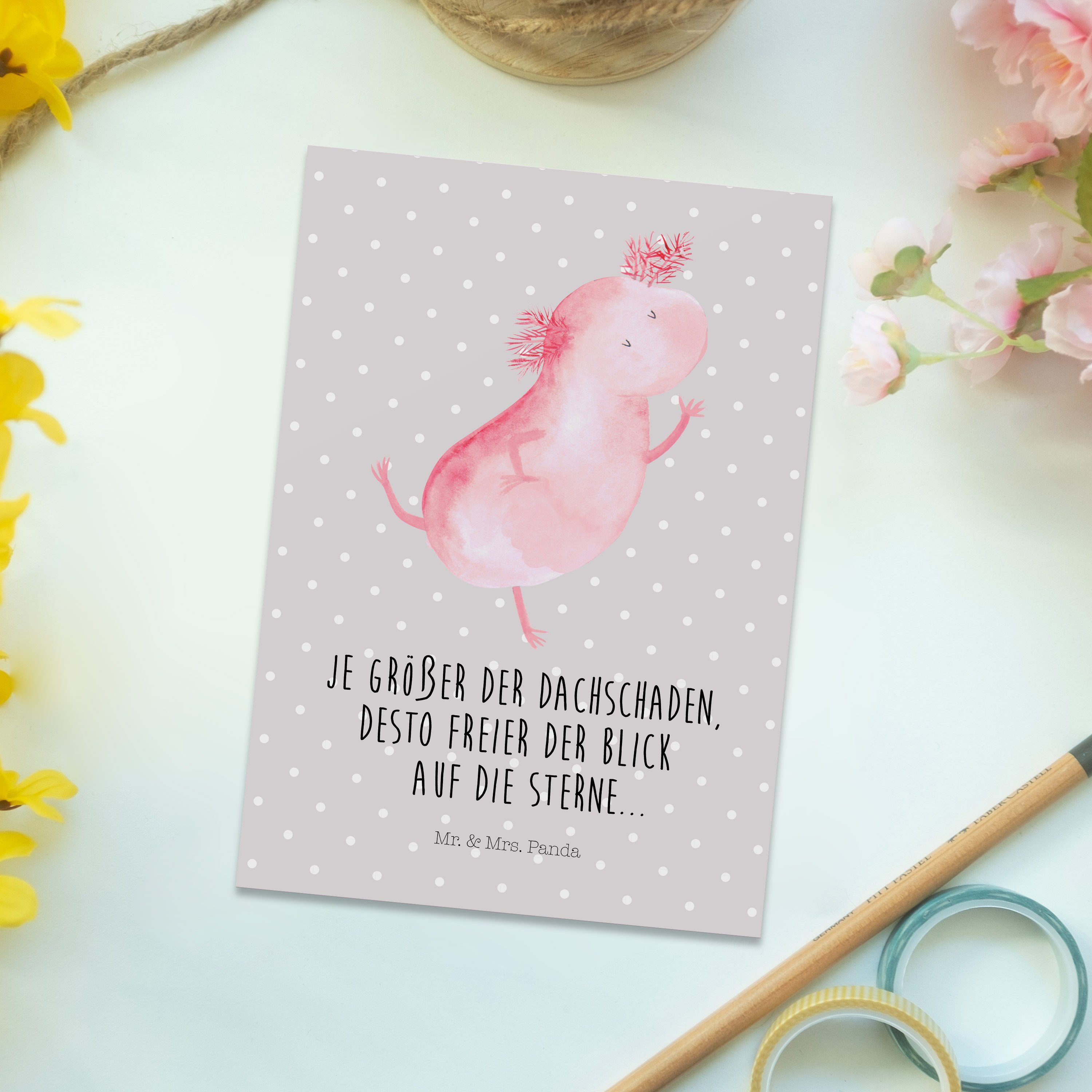 Mr. Axolotl Postkarte Grau Panda & Geschenk, Pastell Amphibie, - Dankeskarte, - Mrs. Karte tanzt