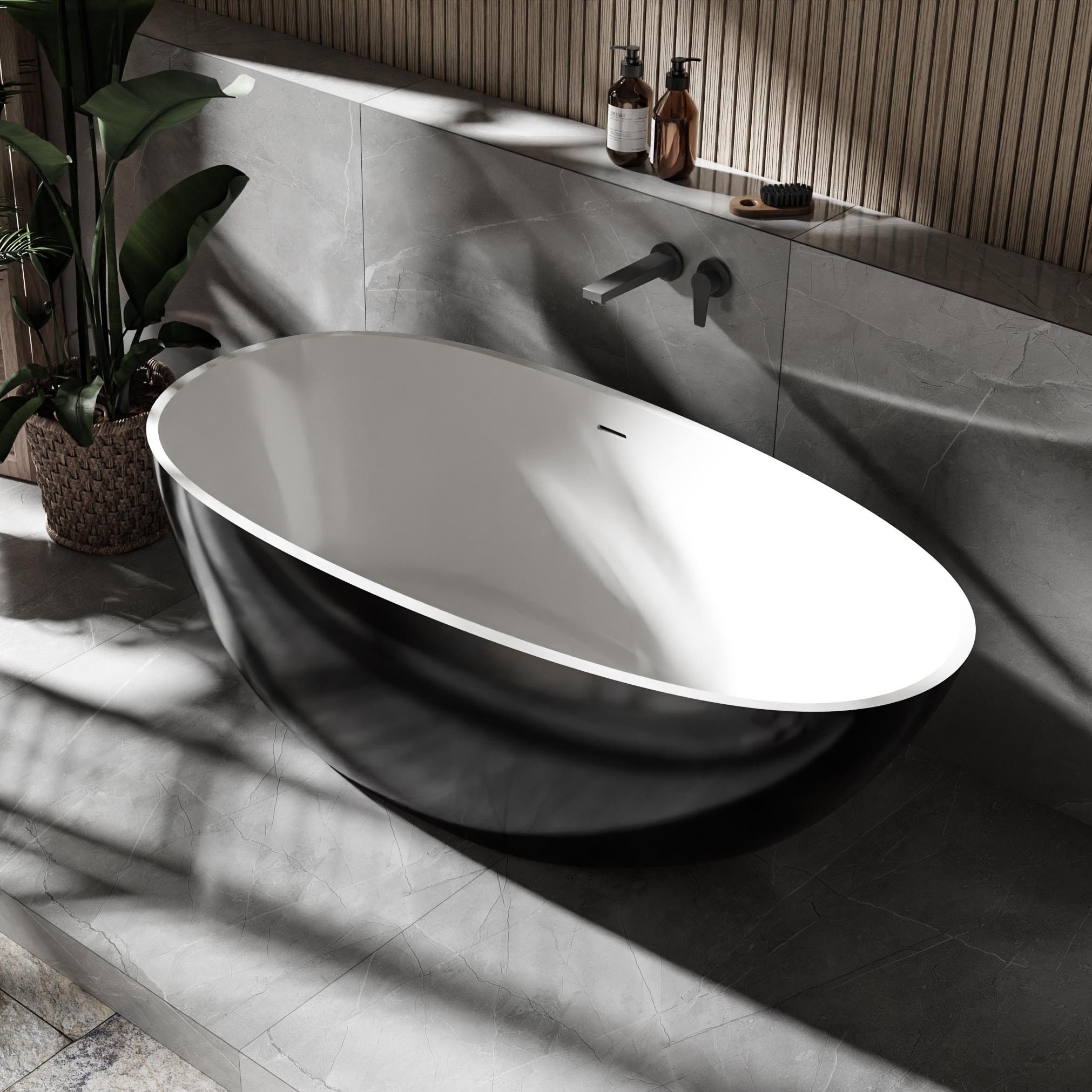 Bernstein Badewanne VELA Schwarz hochglanz, (Mineralguss-Badewanne, freistehende Wanne, Designwanne), Freistehende Wanne 150x76x54 cm Schwarz hochglanz