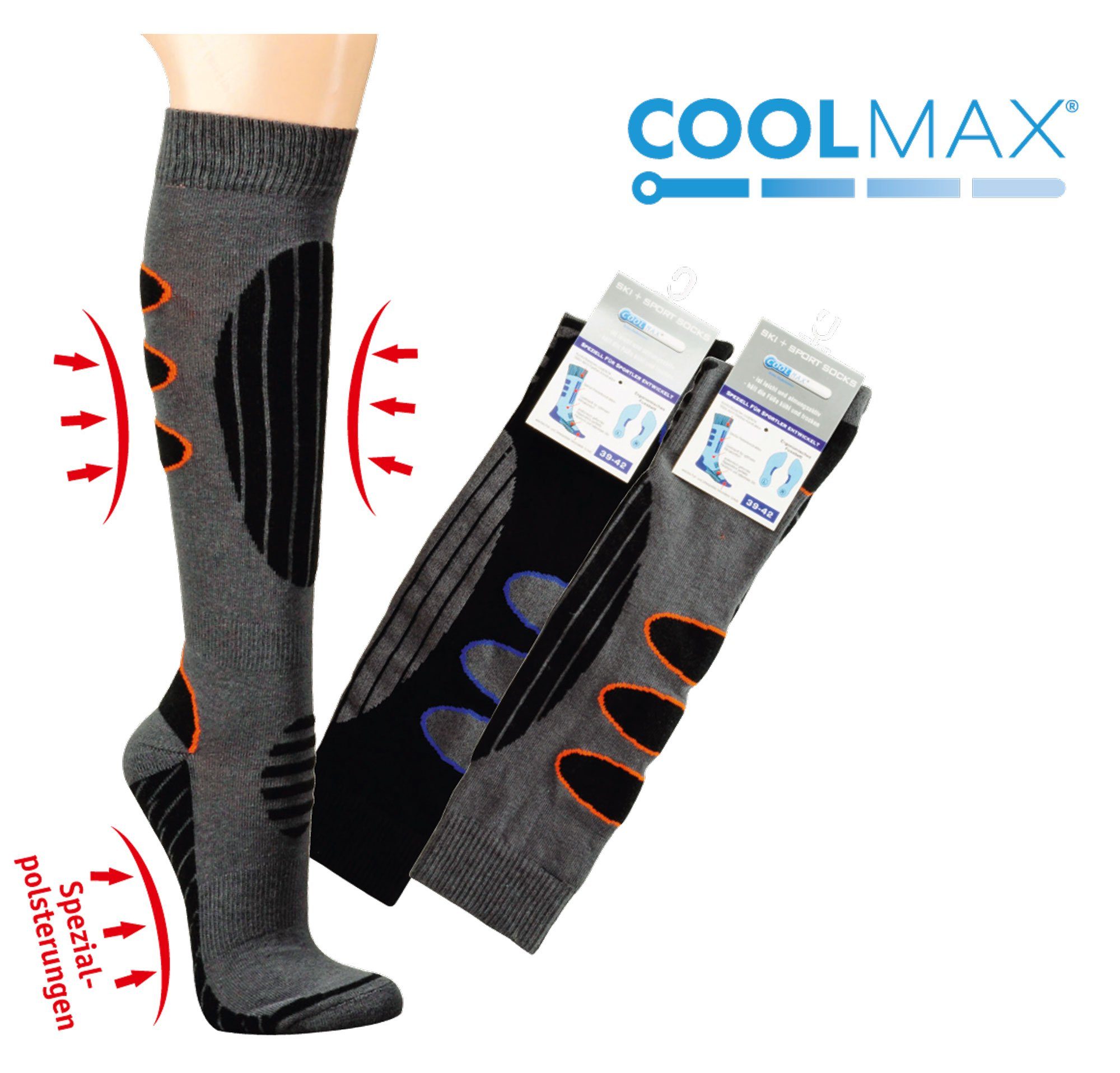 PistenSauser Skisocken 2 Paar Coolmax Skisocken Snowboard-Socken Funktions-Kniestrümpfe (2 Paar) anatomisch geformter Rippenstrick, schützende Spezial-Polsterungen