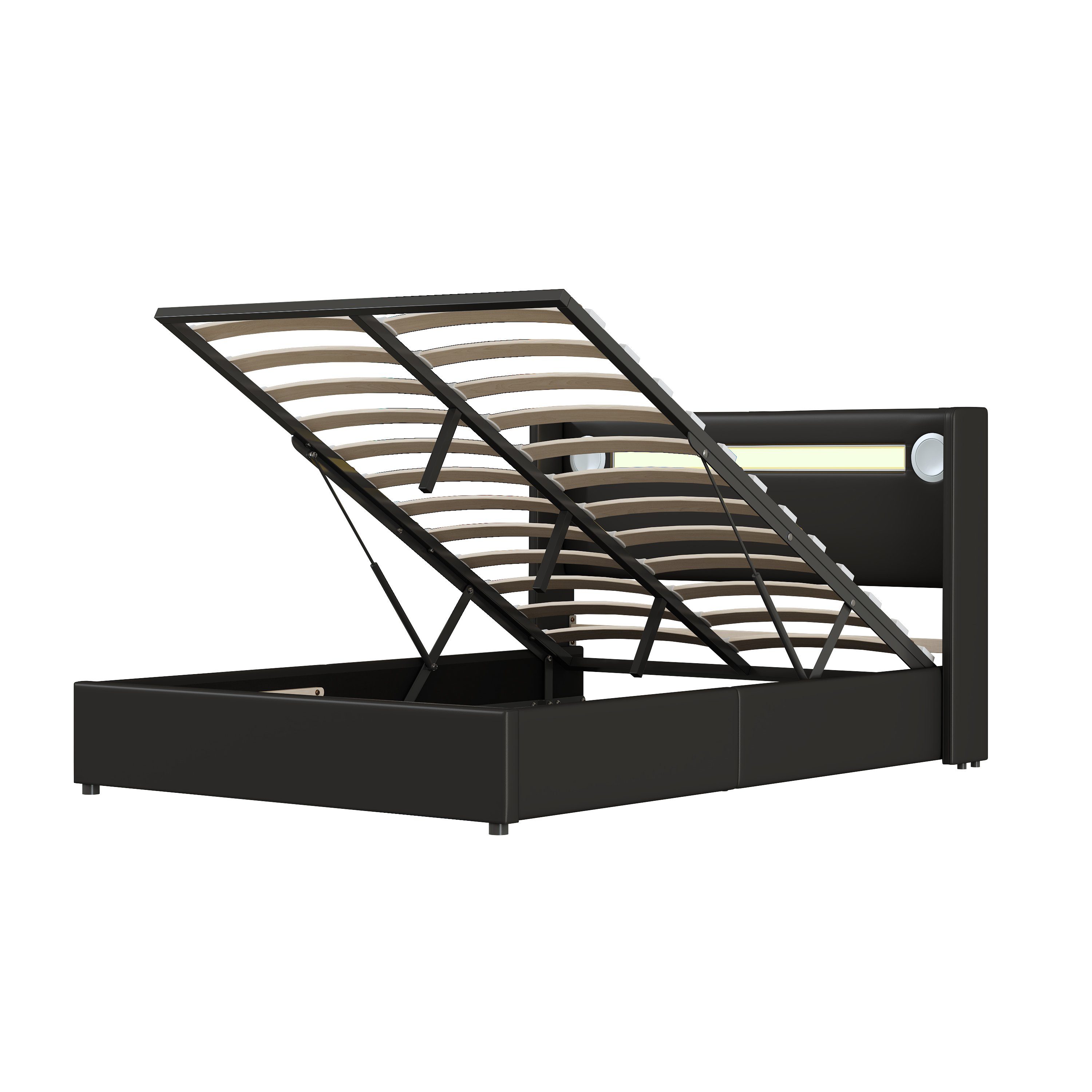 Polsterbett (Stauraumbett, Einzelbett), mit LED Beleuchtung/Bluetooth/USB-Aufladen, Kunstleder, 90x200cm