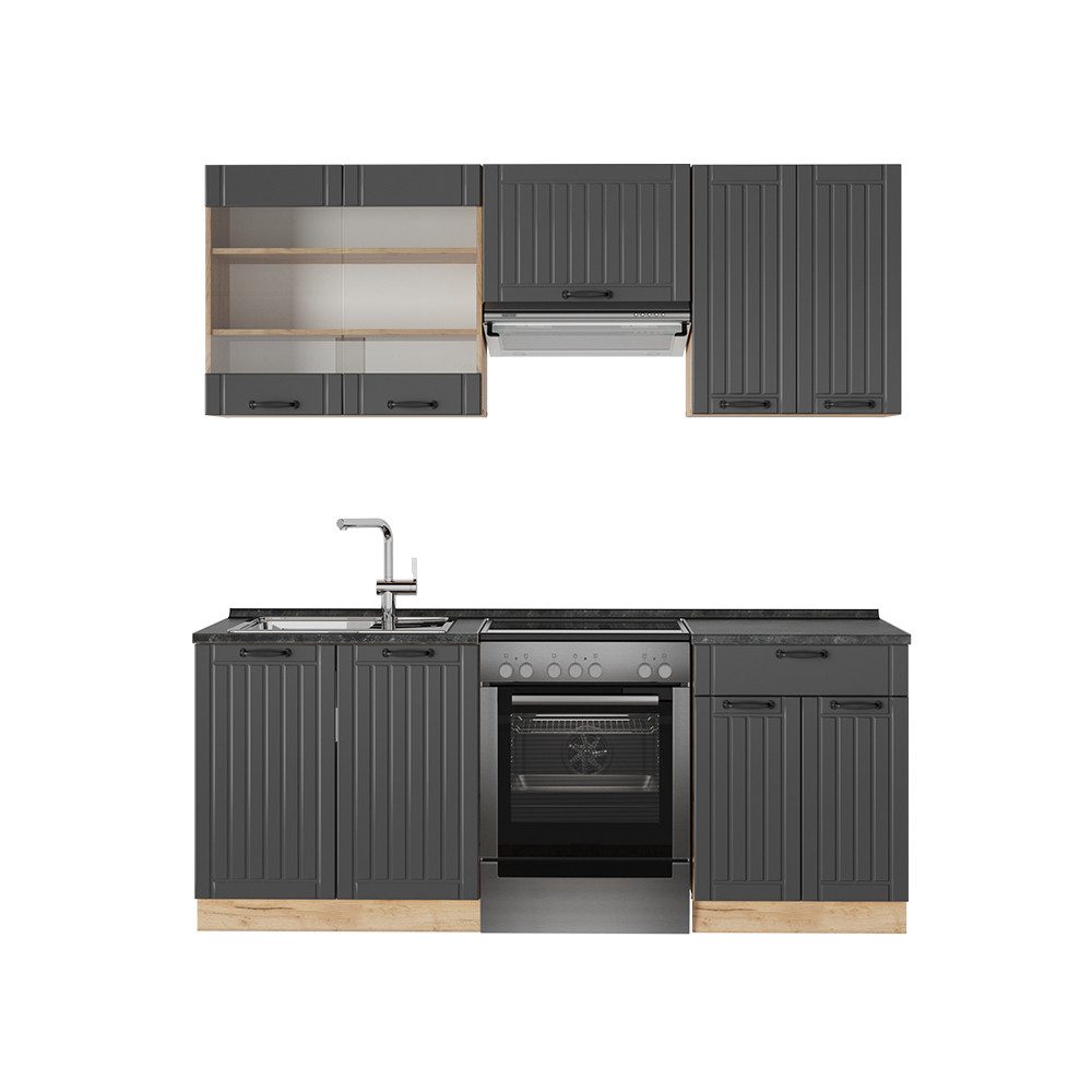 Vicco Кухніzeile Fame-Line, Dunkelgrau/Goldkraft Eiche, 200 cm ohne Arbeitsplatte