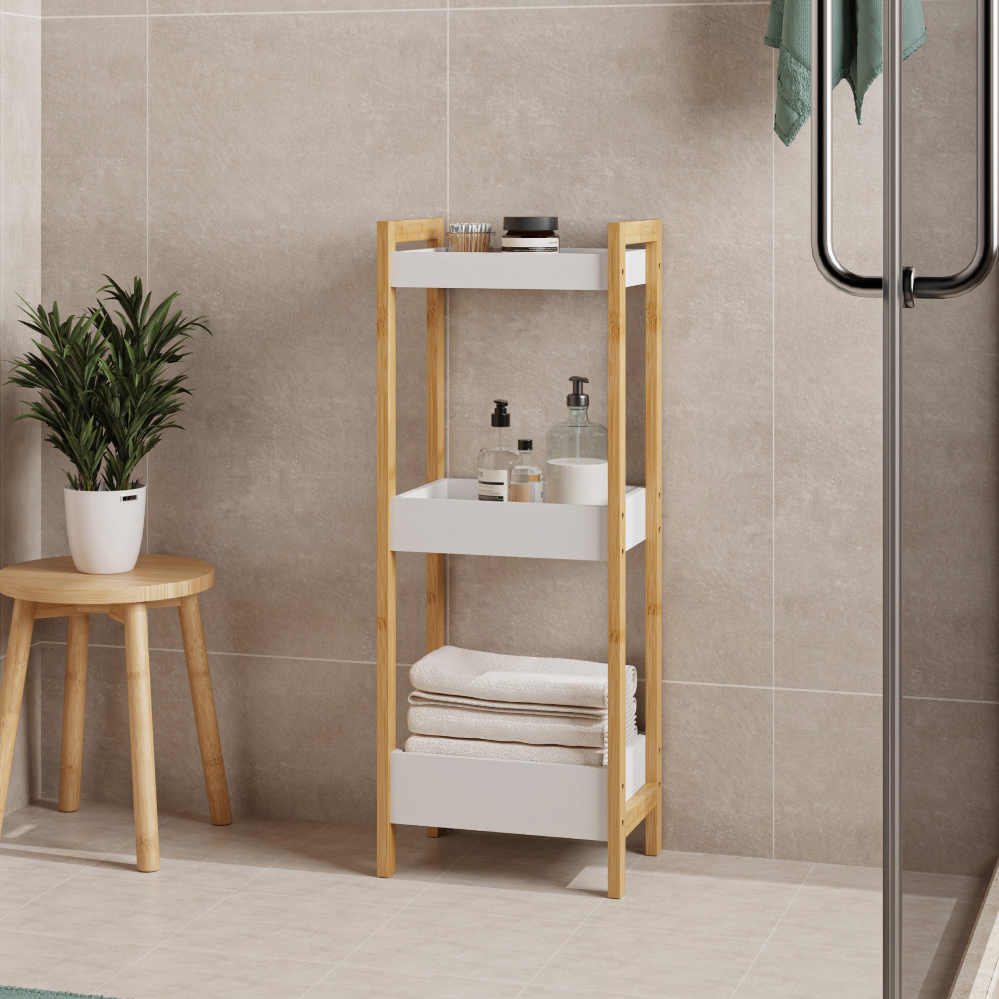 en.casa Standregal, »Anun« mit 3 Ablagekörben 75 x 28 x 20 cm Bambus Natur/Weiß