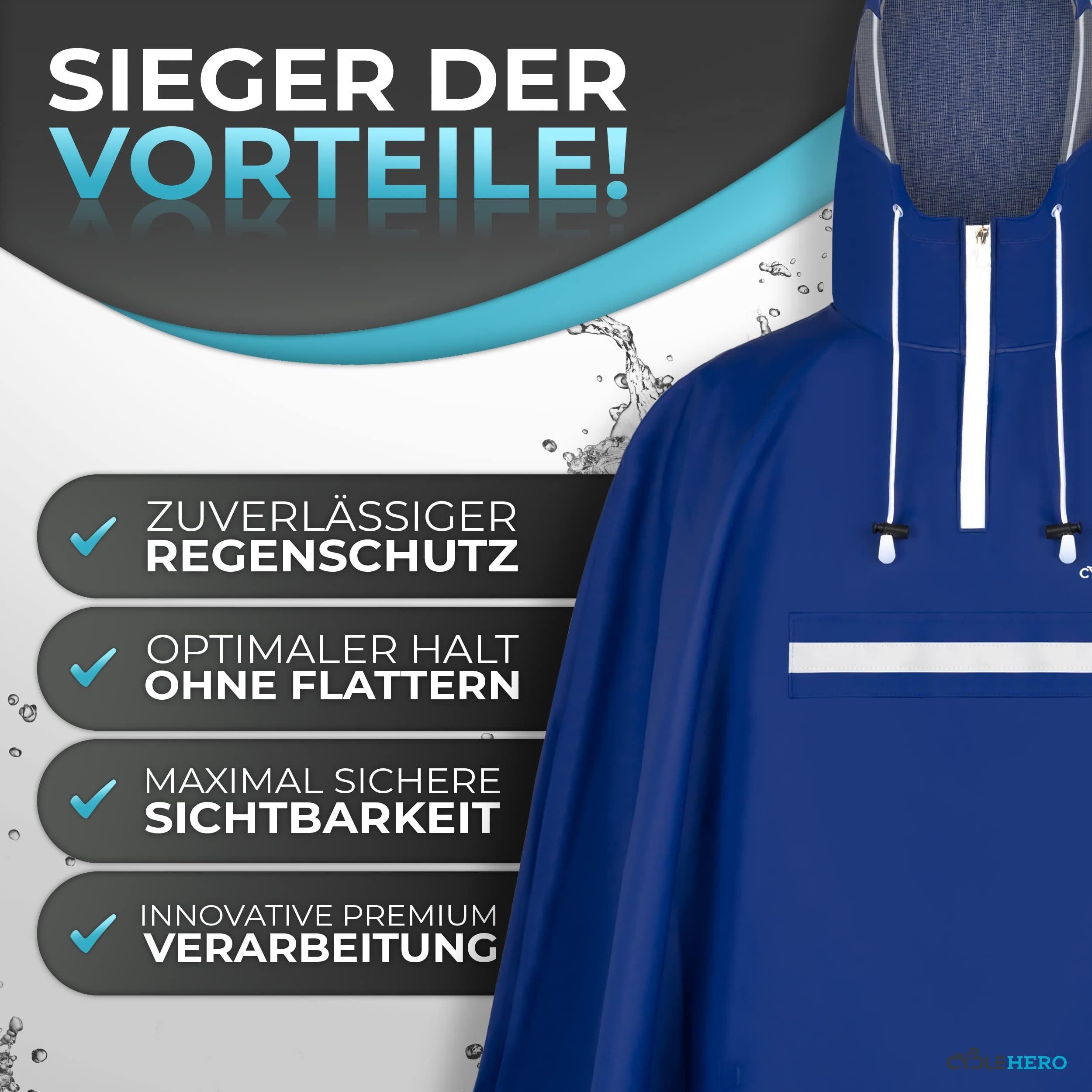 CYCLEHERO Regenponcho Fahrrad wasserdicht - Regencape Fahrrad mit Reflektoren & Sichtfenster (Fahrrad Regenbekleidung als Regenponcho Damen wasserdicht, Regenponcho Herren) - Regenschutz Fahrrad