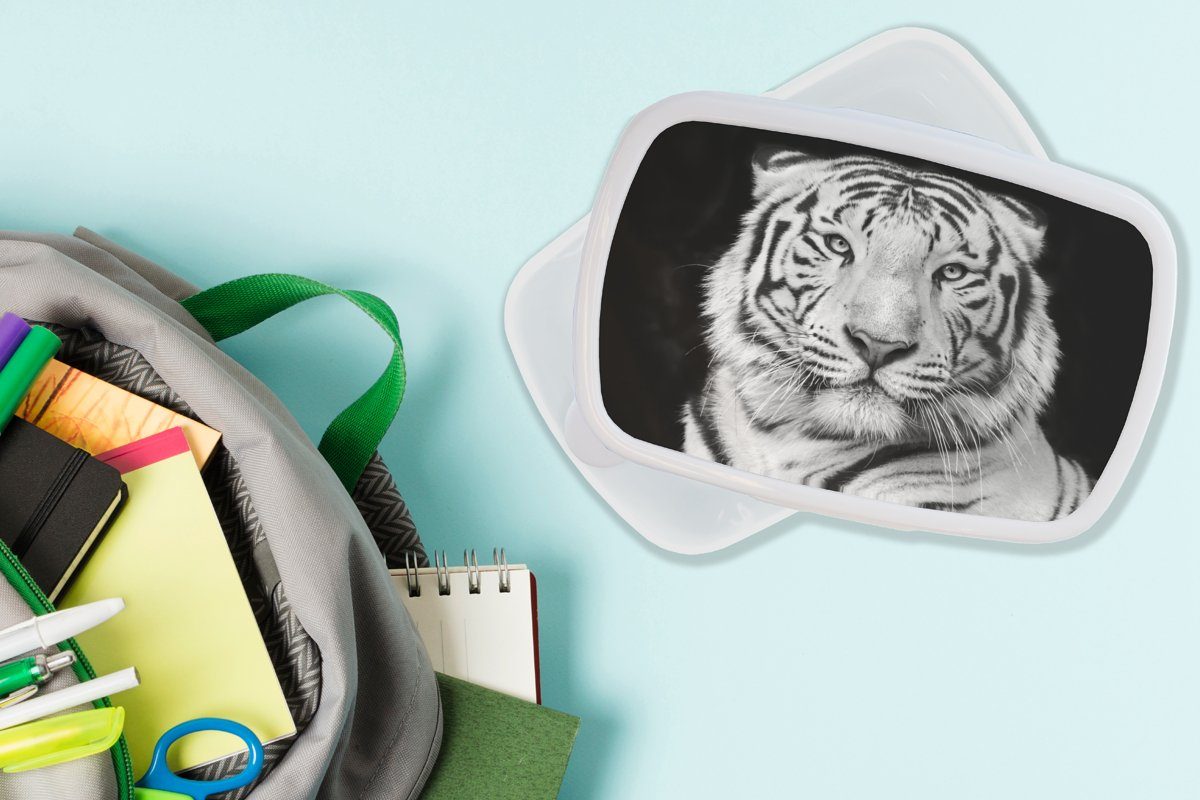 Brotbox Mädchen - für - Porträt - MuchoWow Kinder Lunchbox für Erwachsene, Tiger (2-tlg), Jungs und Kunststoff, Weiß Schwarz Tiere, Brotdose, und -