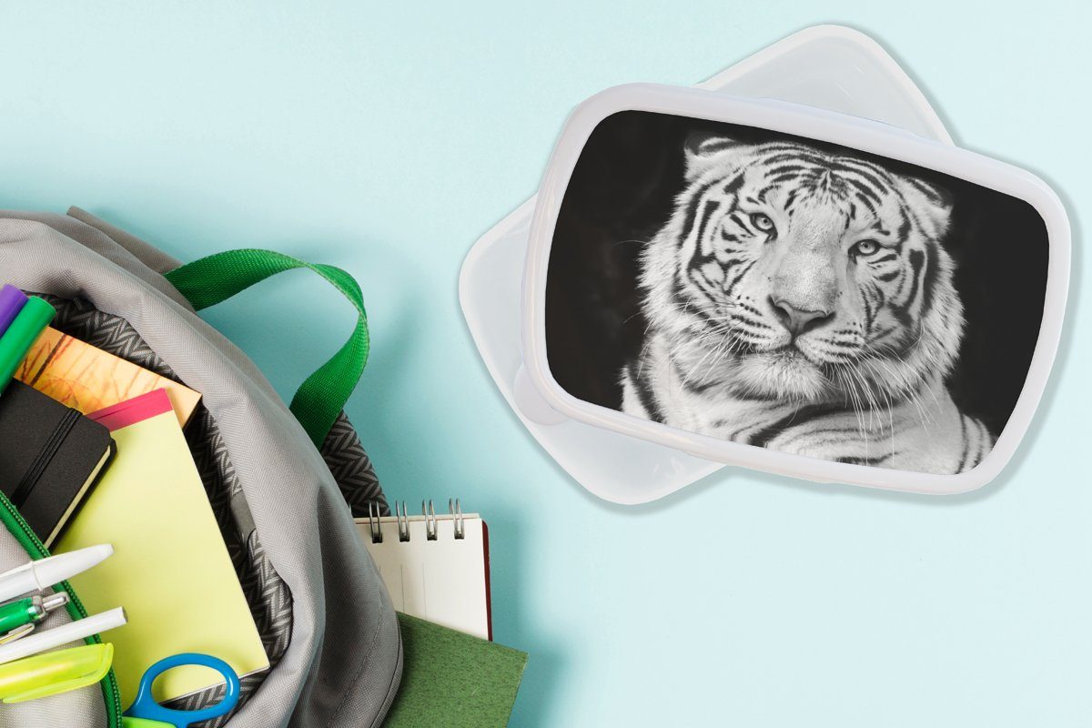 MuchoWow Lunchbox Schwarz Brotdose, - Porträt und - Mädchen Brotbox Tiger - (2-tlg), Kinder und Erwachsene, Tiere, Jungs für Weiß - Kunststoff, für