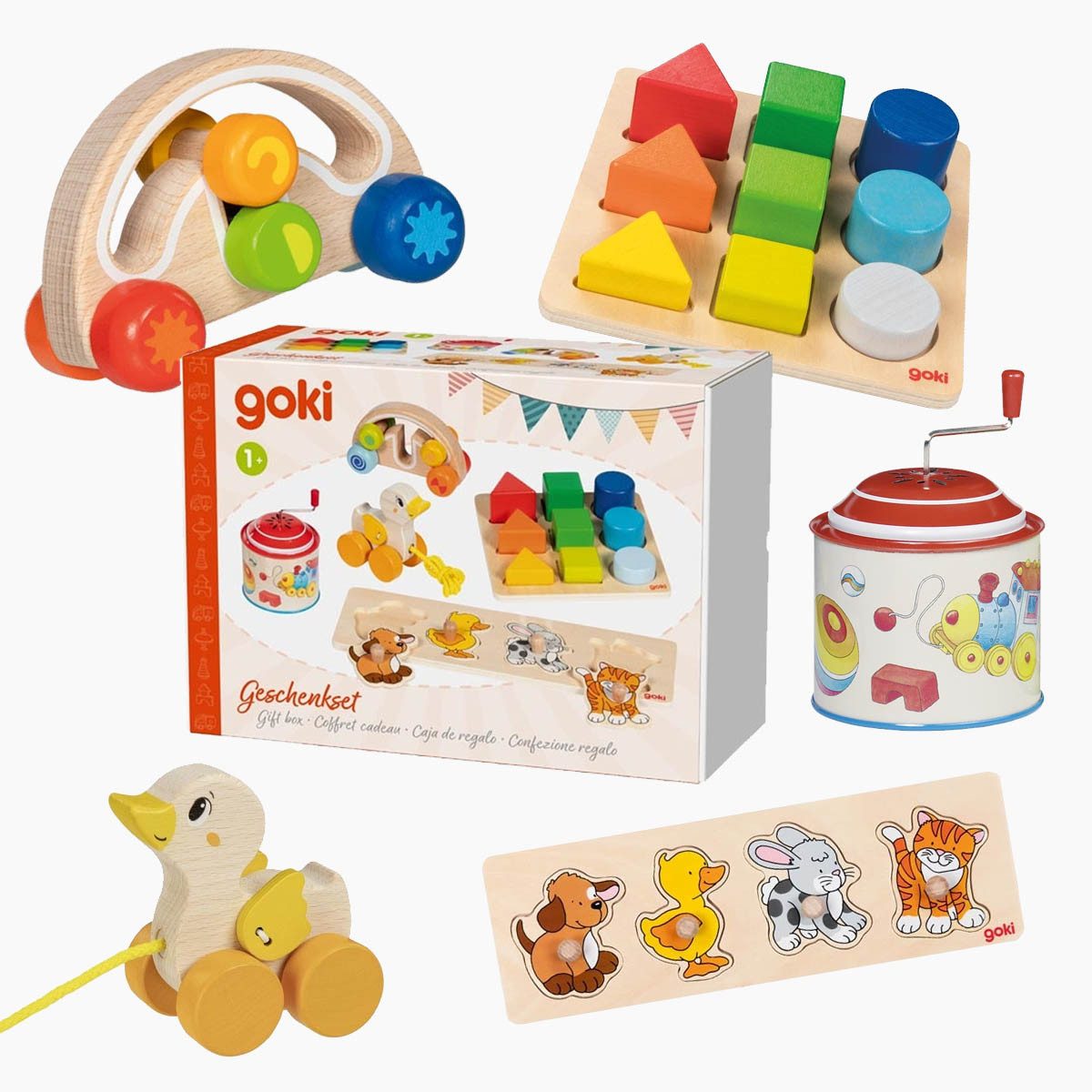 goki Steckpuzzle Geschenkset Motorik ab 1 Jahr, 33 Puzzleteile, 5 Teile perfekt für kleine Entdecker