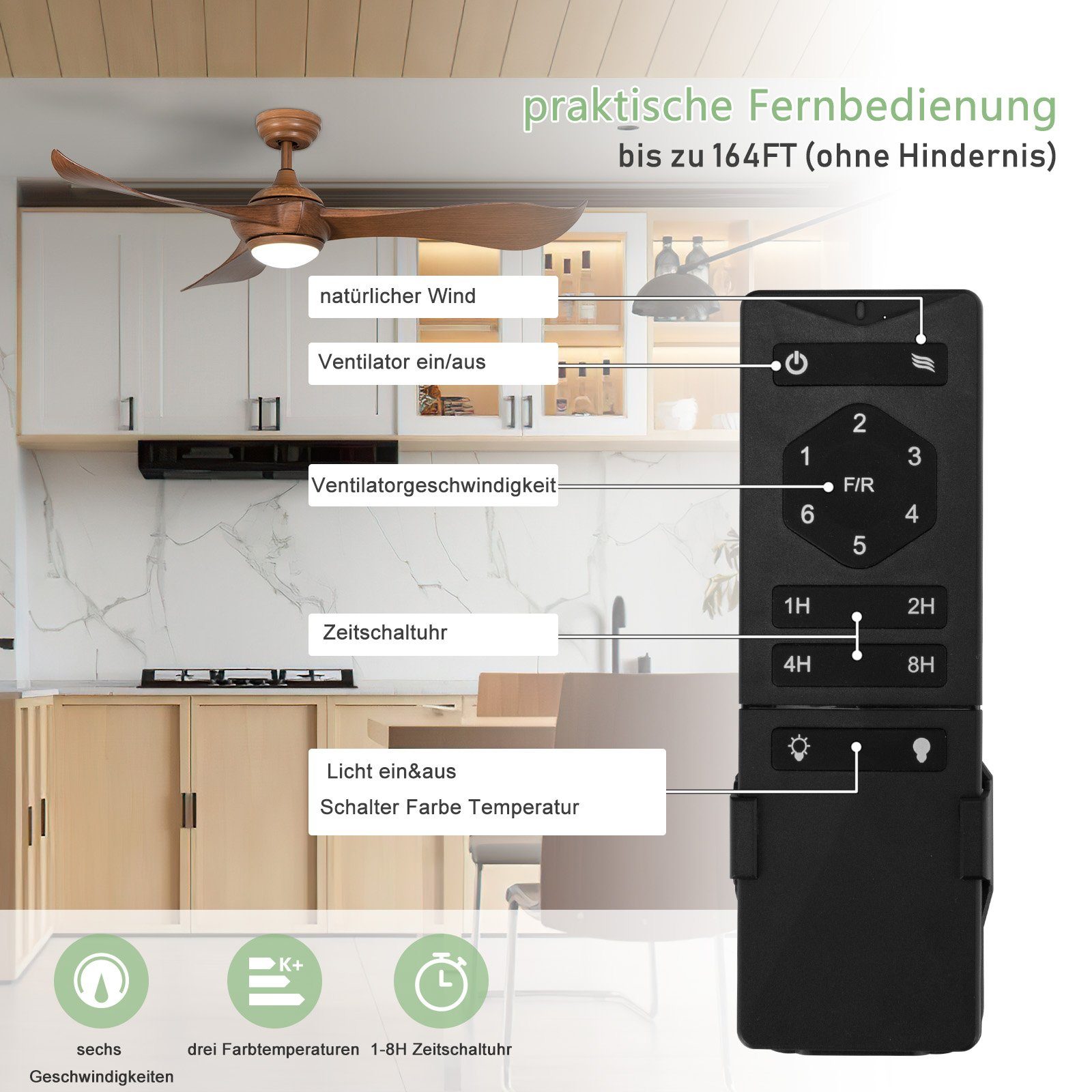 COSTWAY LED, Timer, 1-8H Fernbedienung, Deckenventilator, 6-Gang-DC-Motor