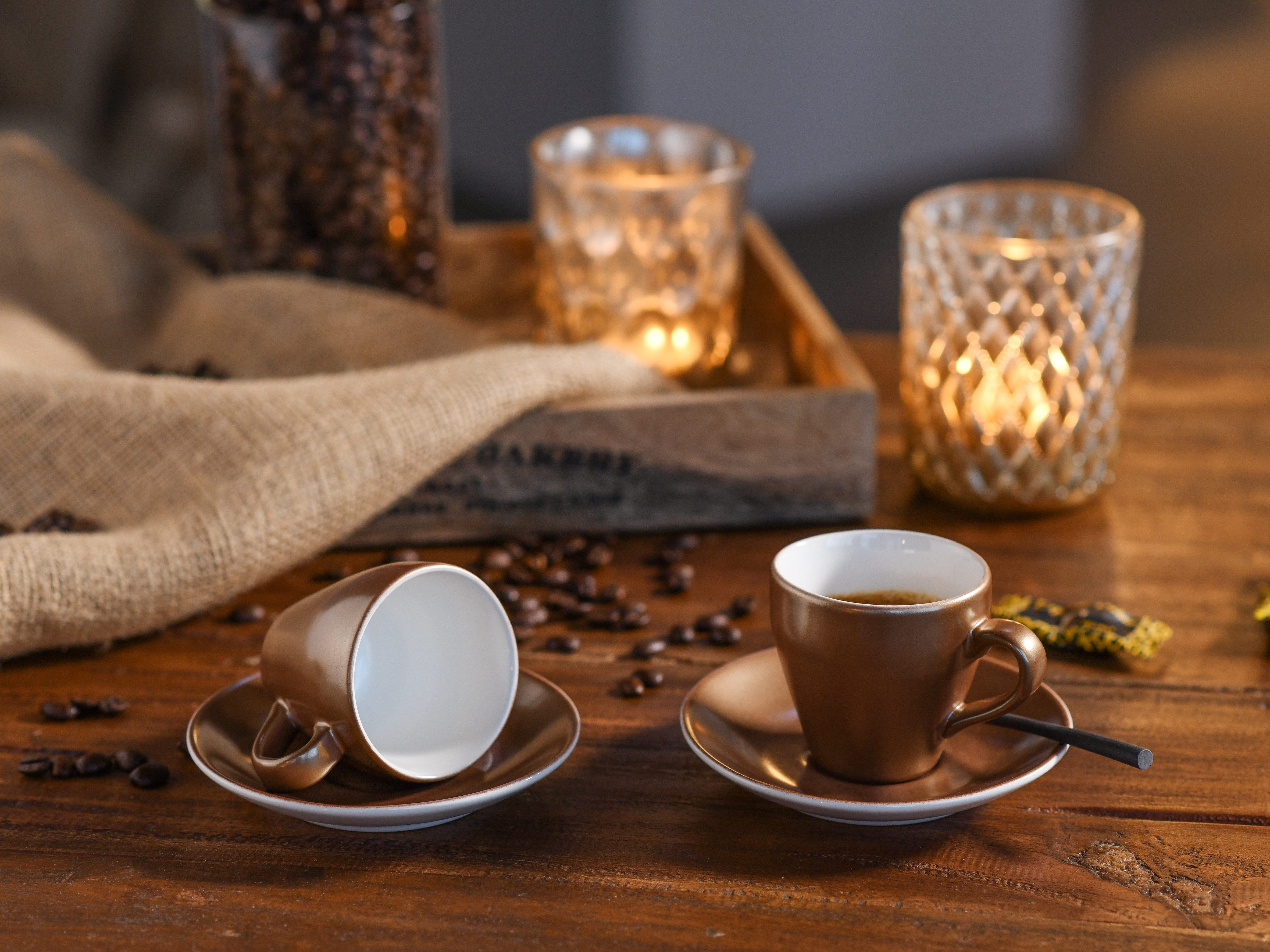 CreaTable Espressotasse Golden Days Weiß, Espressoset, 12-tlg., 12-tlg., Steinzeug, Goldfarbene Spezialglasur