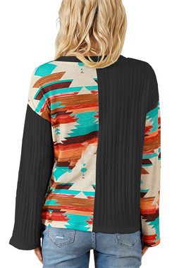 Orient Phoenix Strickpullover Gestrickter Damen-Sweatshirt-Patchwork-Pullover mit Aufdruck Lässiges Tunika-Oberteil für Damen mit V-Ausschnitt und langen Ärmeln