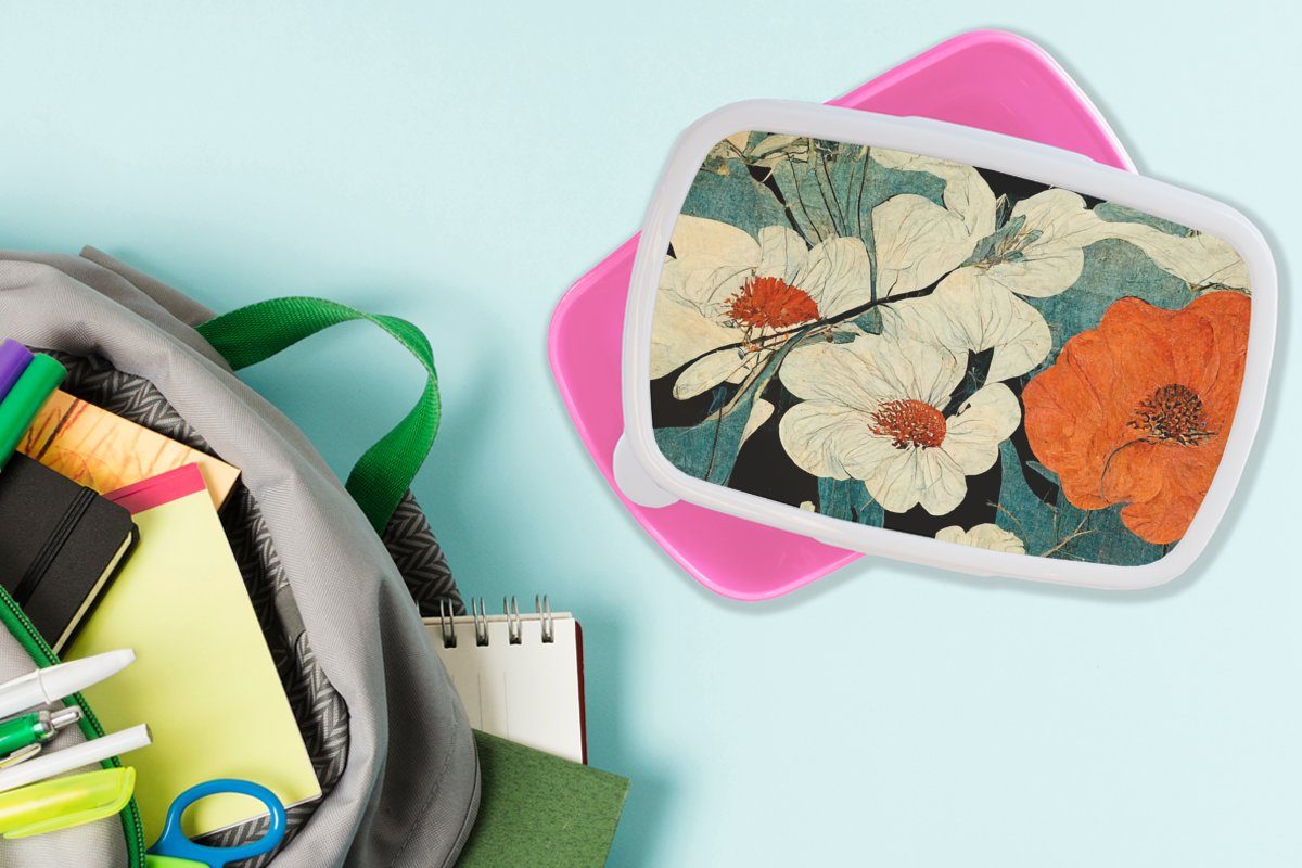 MuchoWow Lunchbox Blumen - Pflanzen Erwachsene, für Brotbox - - Mädchen, Orange, rosa Kunststoff - (2-tlg), Asien Snackbox, Brotdose Vintage Kunststoff, Kinder