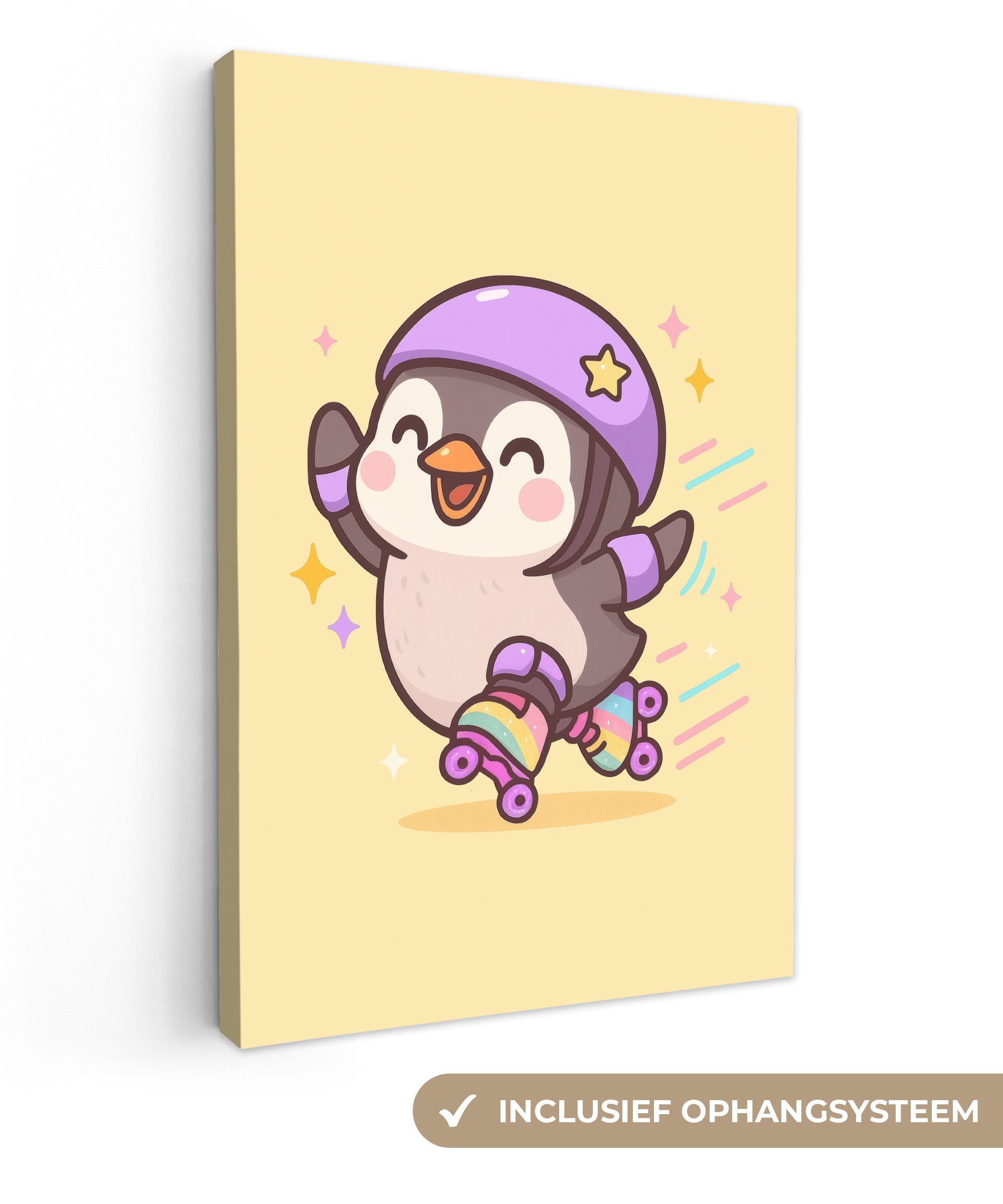 OneMillionCanvasses® Leinwandbild Pinguin - Rollschuhe - Gelb - Energetisch, Fotodruck (1 St), Leinwandbilder XXL für Wohnzimmer 90x140 cm