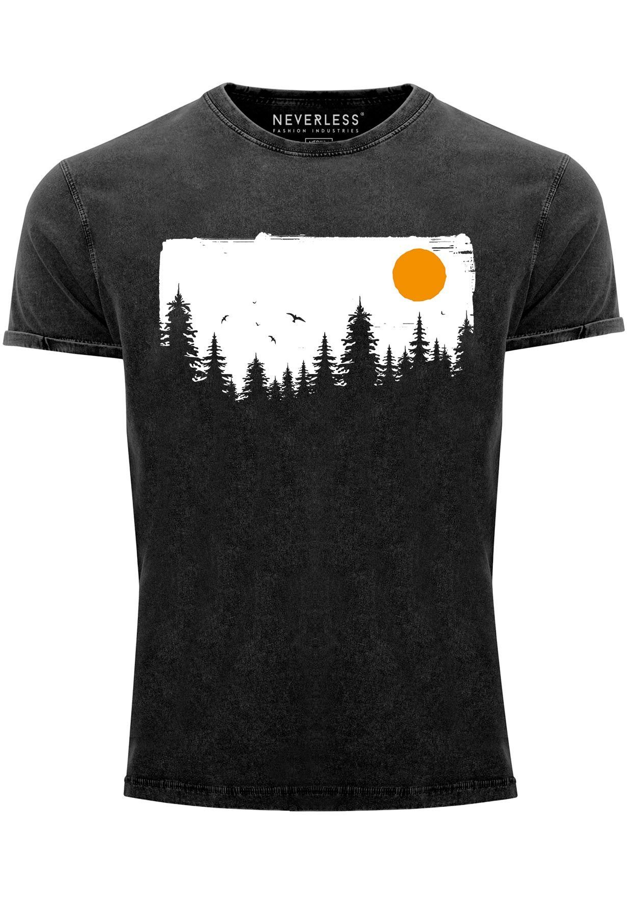 Neverless Print-Shirt Herren Vintage Shirt Wald Bäume Outdoor Adventure Abenteuer Natur-Lieb mit Print schwarz | T-Shirts